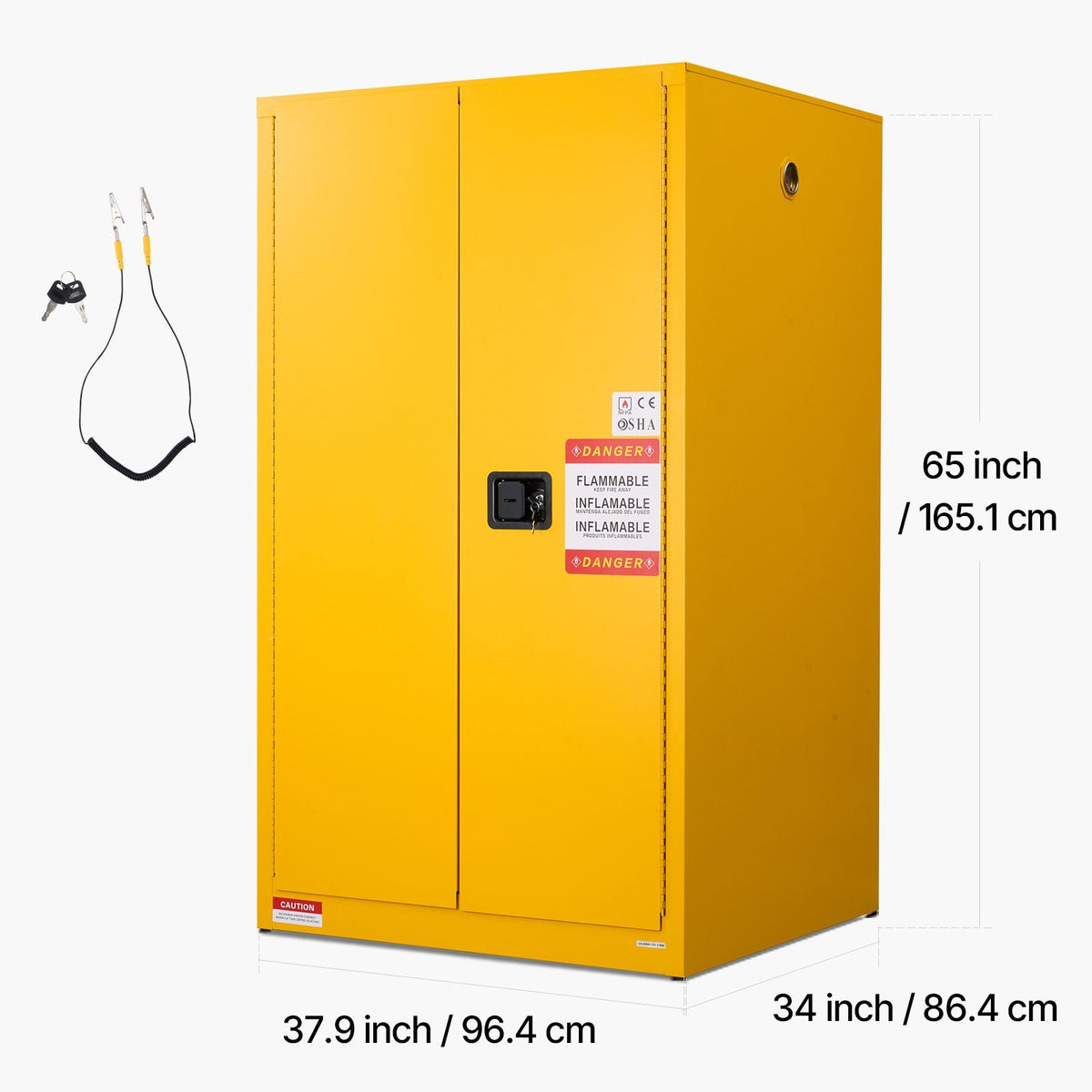 Flammable Cabinet, 37.9 x 34.0 x 65.0 Inch, 65 Gallon Flammable Storage Cabinet with Adjustable Shelf, Cold-Rolled and Galvanized Steel Fire Cabinets, for Commercial Industrial Home Use, Yellow