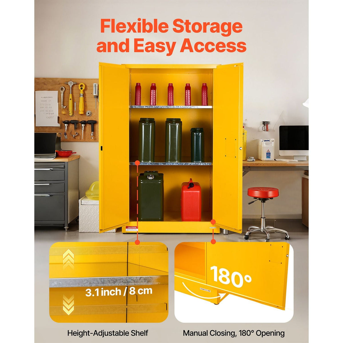 Flammable Cabinet, 37.9 x 34.0 x 65.0 Inch, 65 Gallon Flammable Storage Cabinet with Adjustable Shelf, Cold-Rolled and Galvanized Steel Fire Cabinets, for Commercial Industrial Home Use, Yellow