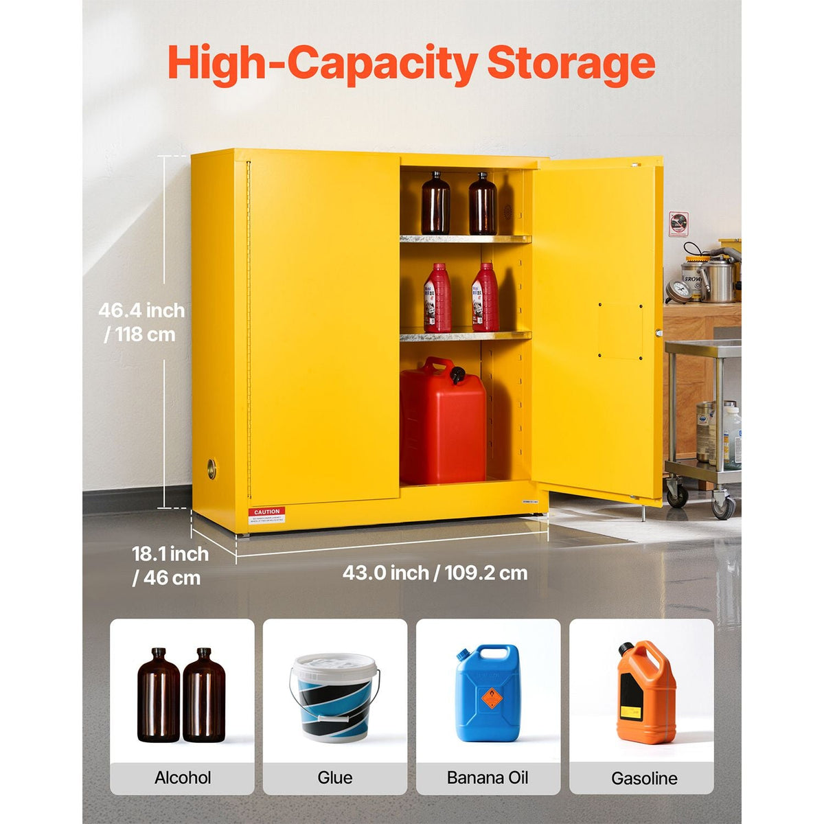Flammable Cabinet, 43.0 x 18.1 x 46.4 Inch, 29 Gallon Flammable Storage Cabinet with Adjustable Shelf, Cold-Rolled and Galvanized Steel Fire Cabinets, for Commercial Industrial Home Use, Yellow