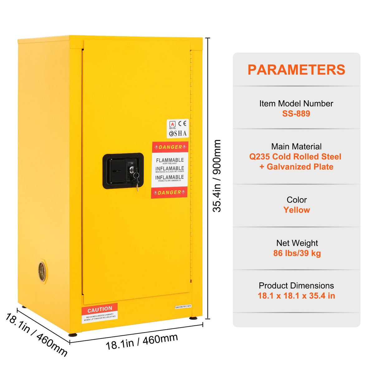 Flammable Safety Cabinet, 16 Gal, Cold-Rolled Steel Flammable Liquid Storage Cabinet, 18.1 x 18.1 x 35.4 in Explosion Proof with 2 Adjustable Shelves 1 Door for Commercial Industrial Use, Yellow