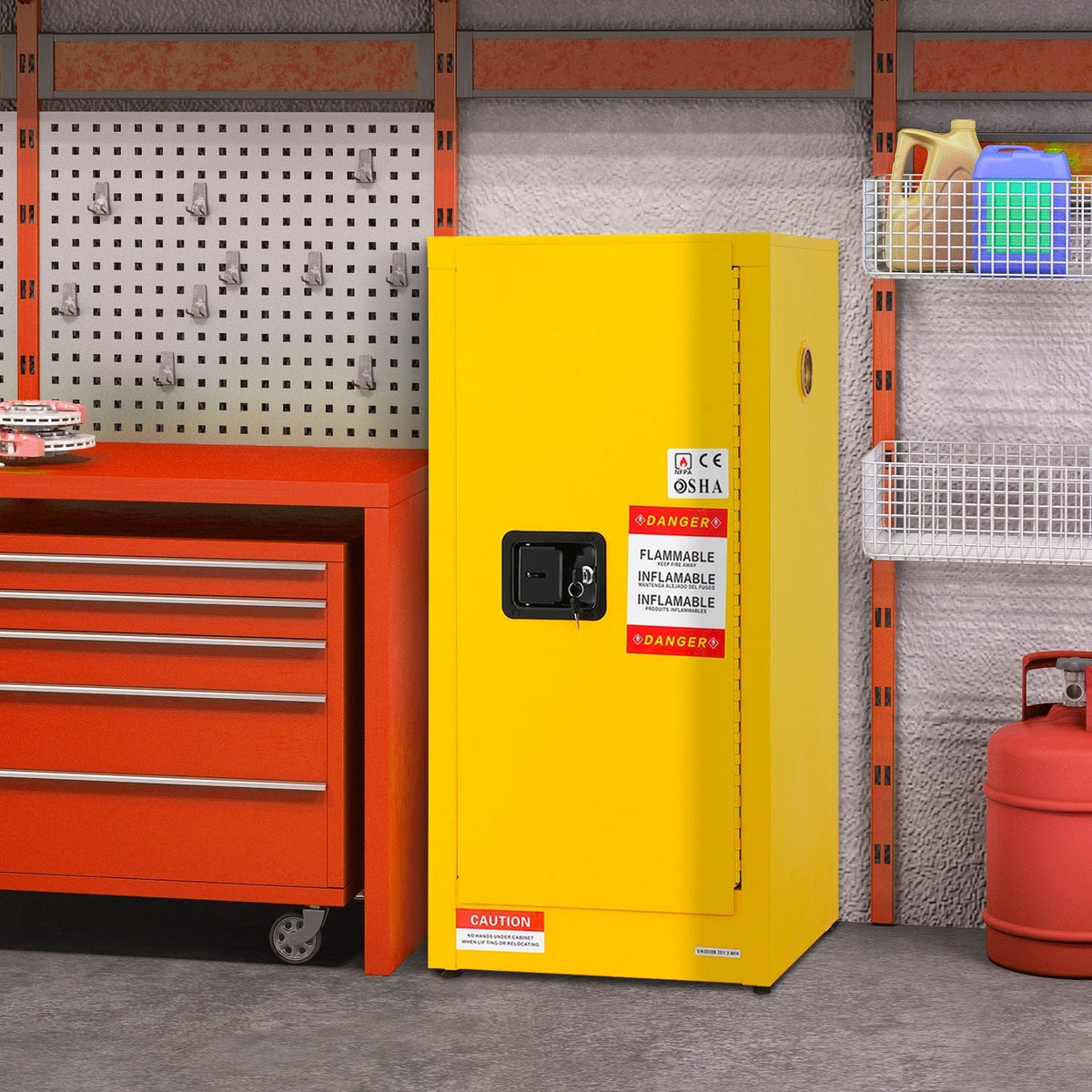 Flammable Safety Cabinet, 16 Gal, Cold-Rolled Steel Flammable Liquid Storage Cabinet, 18.1 x 18.1 x 35.4 in Explosion Proof with 2 Adjustable Shelves 1 Door for Commercial Industrial Use, Yellow