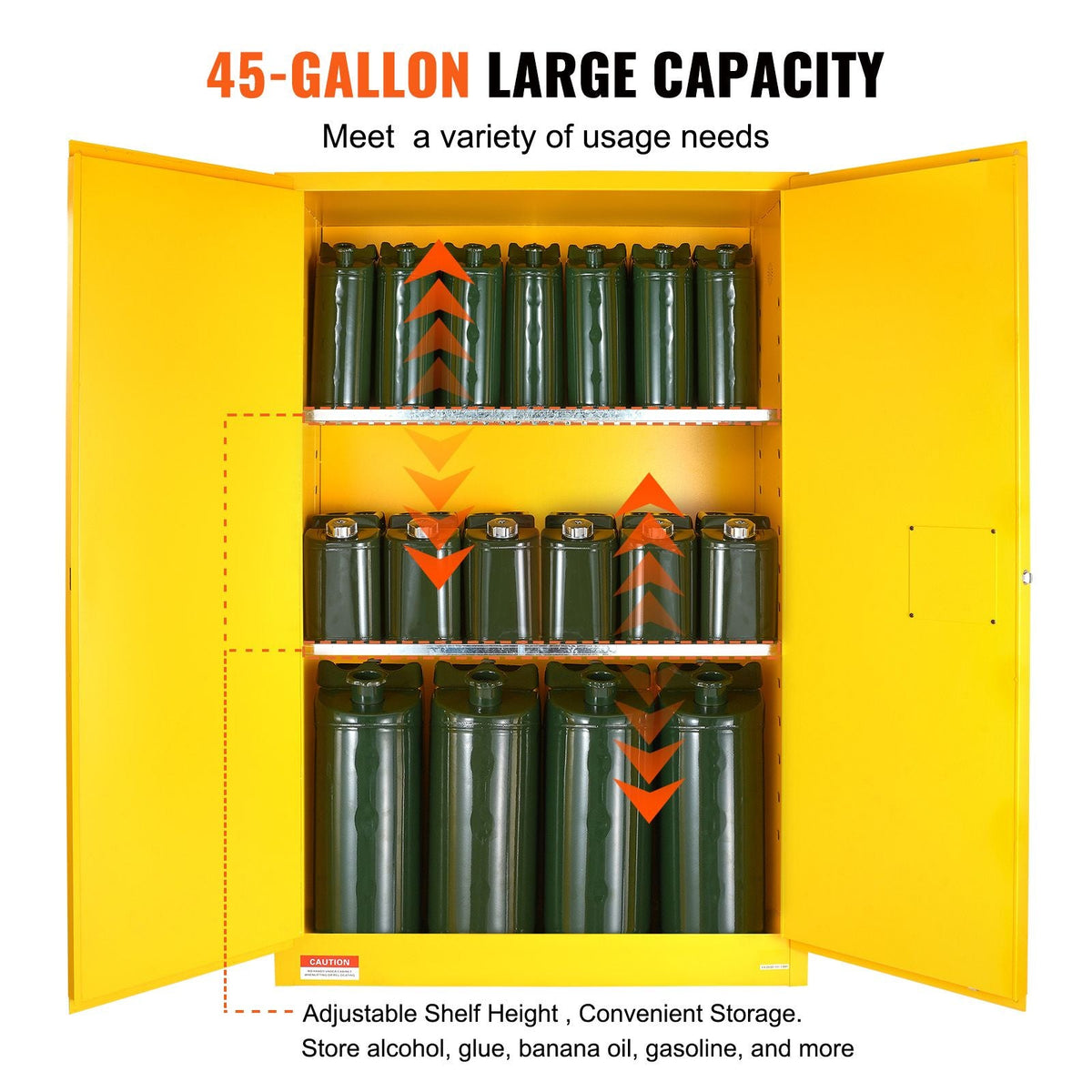 Flammable Safety Cabinet, 45 Gal, Cold-Rolled Steel Flammable Liquid Storage Cabinet, 42.9 x 18.1 x 65.2 in Explosion Proof with 2 Adjustable Shelves 2 Manual Doors for Industrial Use, Yellow