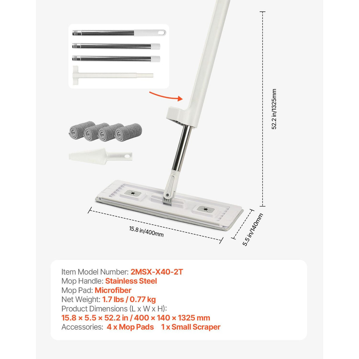 Flat Mop, Self Wringing, Microfiber Floor Mop with 4 Reusable & Washable Mop Pads for Dry & Wet Floor Cleaning, Microfiber Flat Mop with Stainless Steel Handle for Hardwood Laminate Tile Vinyl
