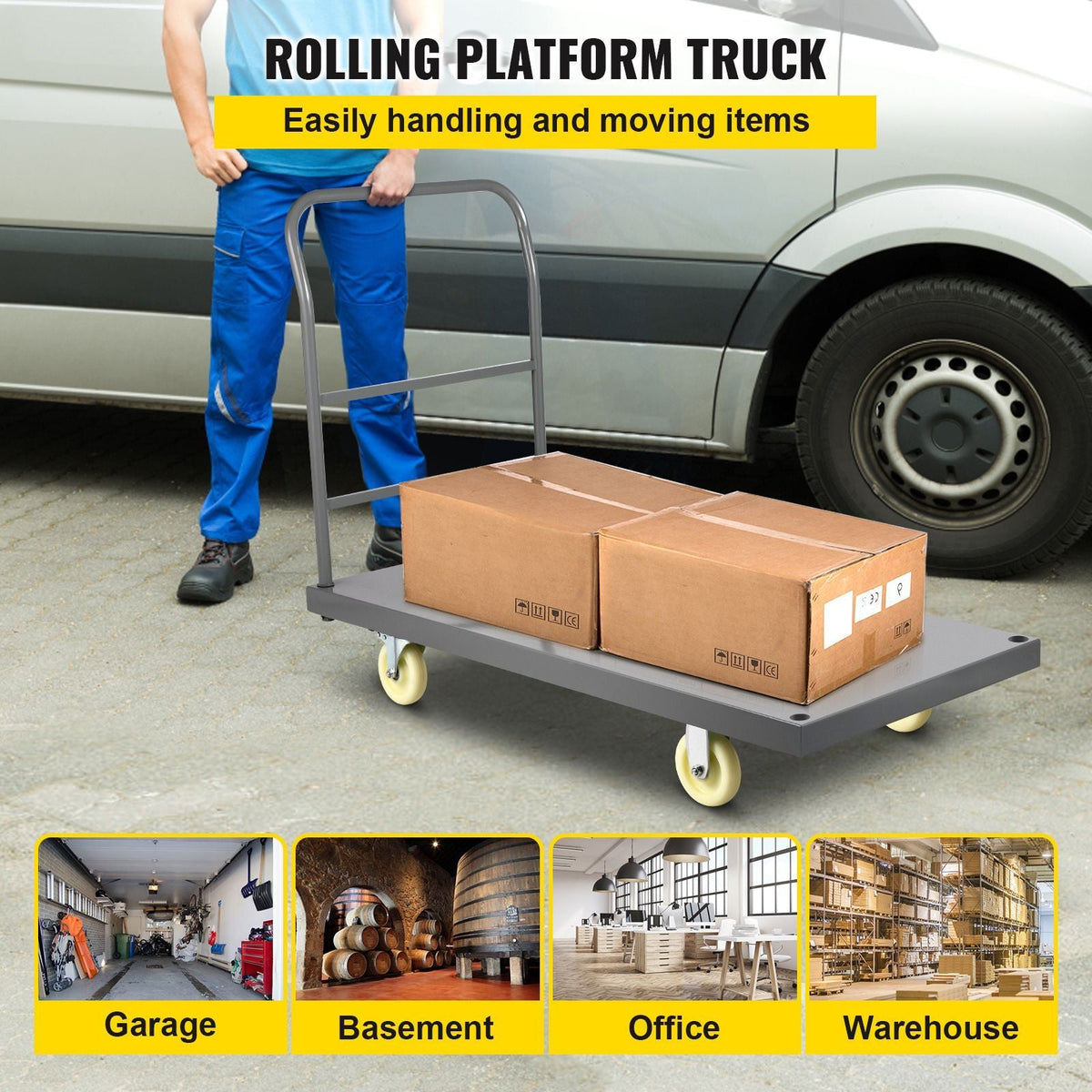 Flatbed Utility Cart, Supports up to 2000 lbs, Dimensions 47"L x 24"W x 32"H, Equipped with 5" Nylon Wheels, Sturdy Steel Construction, Ideal for Transporting Luggage