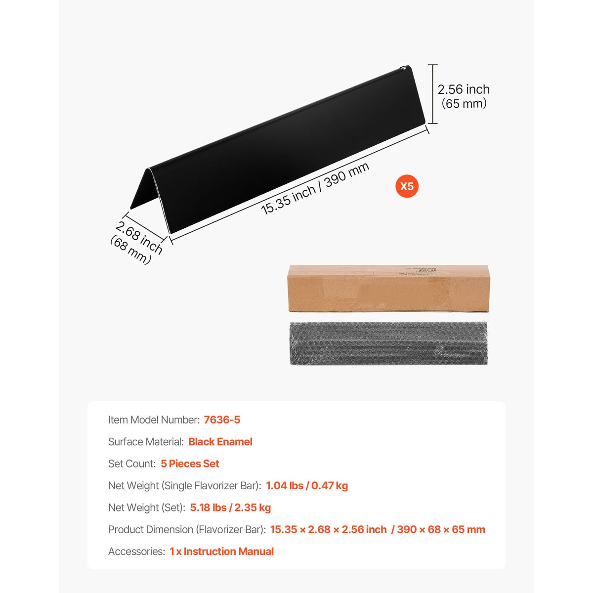 Flavorizer Bars, 15 inch Grill Replacement Part, for Weber Spirit I & II 300 Series Grills, Including Spirit E-310, ll S-310, ll E-320, Porcelain-enameled Steel Thicker Heat Plate, 5 Pack