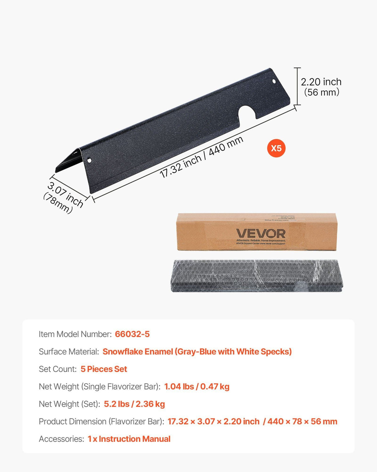 Flavorizer Bars, 17 inch Grill Replacement Part, for Weber Genesis ll 310 315 335 340, E/S 325s, ES/SX 325s, E/S 335, EX/SX/EPX-335 Grills, Porcelain-enameled Steel Thicker Heat Plate, 5 Pack