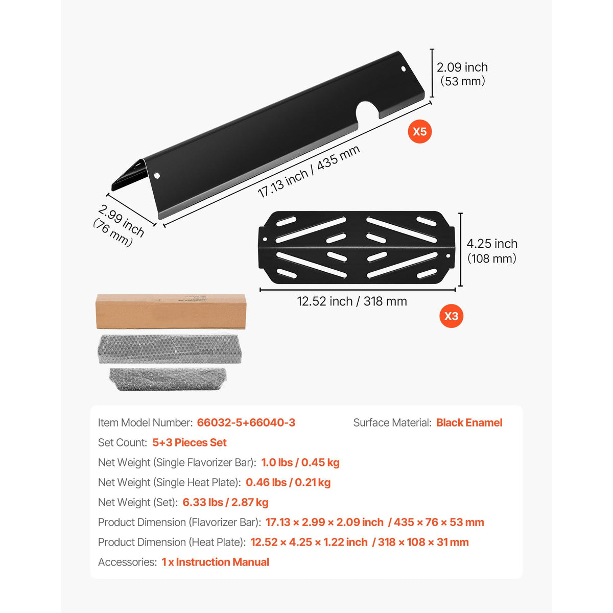 Flavorizer Bars and Heat Deflectors, 17 in Grill Replacement Part, for Weber Genesis ll 310 315 335 340, E/S 325s, ES/SX 325s, E/S 335, EX/SX/EPX-335 Grills, Porcelain-enameled Steel, 8 Pack