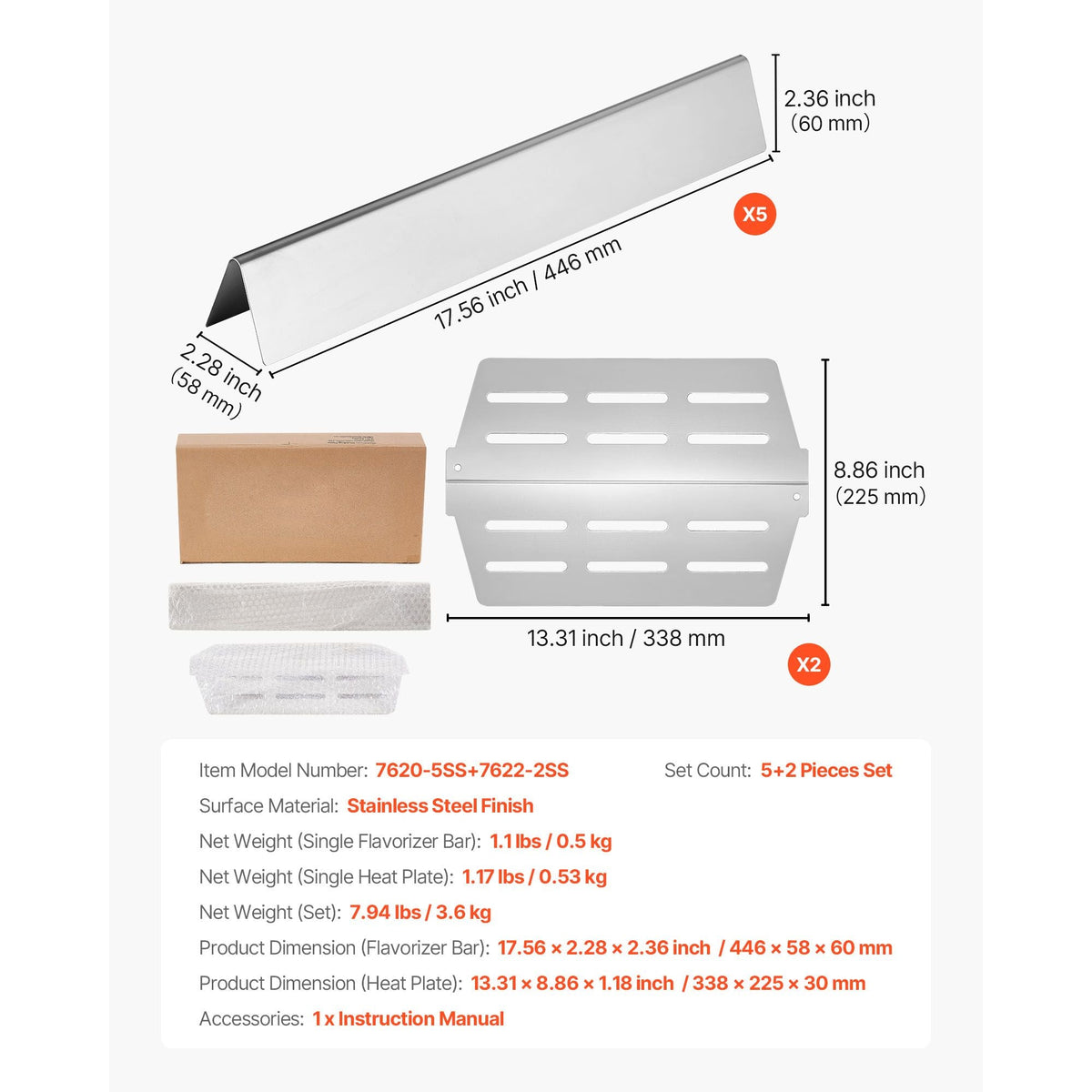 Flavorizer Bars and Heat Deflectors, 17 inch Grill Replacement Part, for Weber Genesis 300 Series Grills, Including E310 E320 E330 S310 S320 S330, Stainless Steel Thicker Heat Plate, 7 Pack