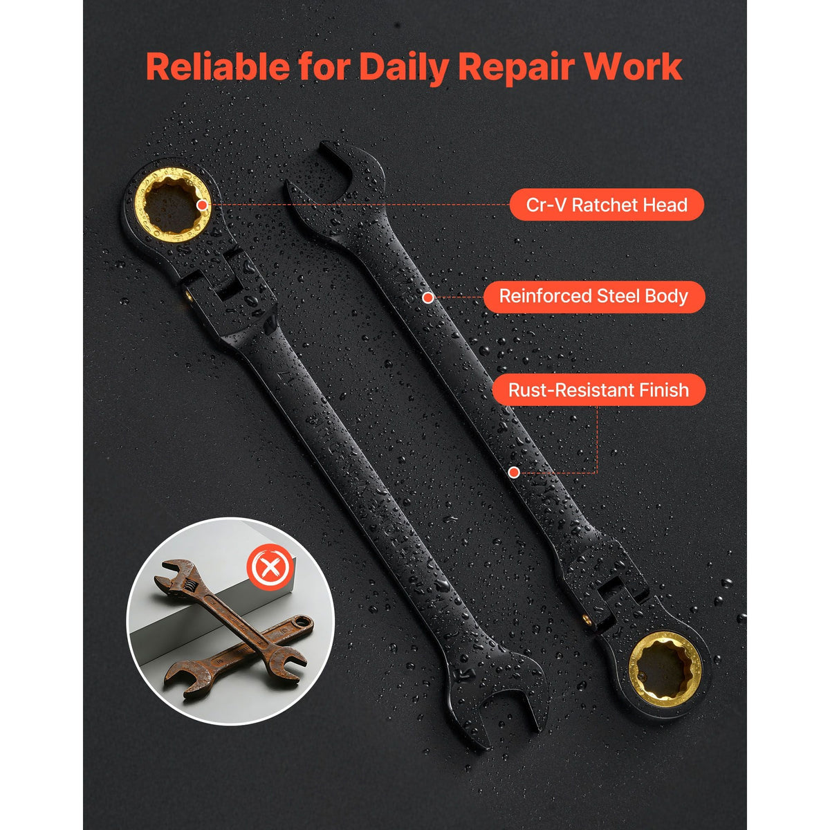Flex-Head Ratcheting Wrench Set, 24-Piece SAE and Metric, 72 Teeth, Cr-V Steel Ratchet Flexible Combination Wrench Set with Storage Case, for General Household and Automotive Repairs, Black
