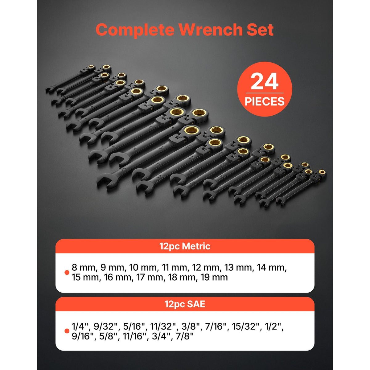 Flex-Head Ratcheting Wrench Set, 24-Piece SAE and Metric, 72 Teeth, Cr-V Steel Ratchet Flexible Combination Wrench Set with Storage Case, for General Household and Automotive Repairs, Black