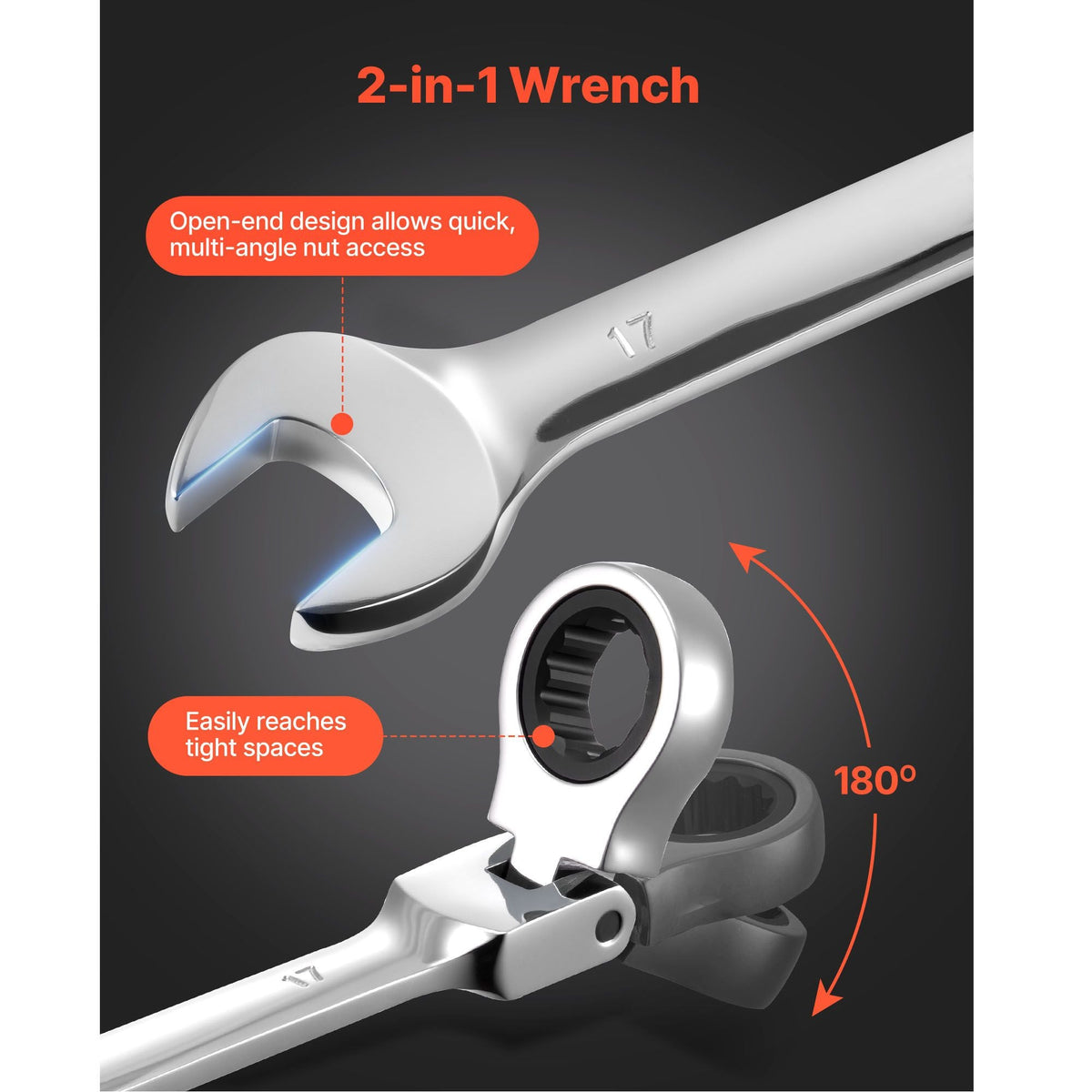 Flex-Head Ratcheting Wrench Set, 24-Piece SAE and Metric, 72 Teeth, Cr-V Steel Ratchet Flexible Combination Wrench Set with Storage Case, for General Household and Automotive Repairs, Silver