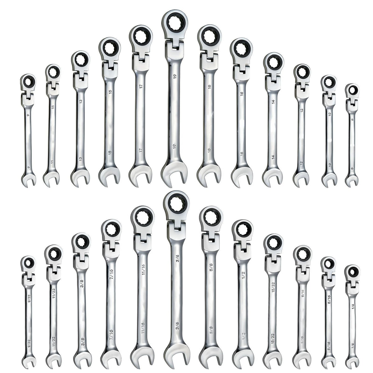 Flex-Head Ratcheting Wrench Set, 24-Piece SAE and Metric, 72 Teeth, Cr-V Steel Ratchet Flexible Combination Wrench Set with Storage Case, for General Household and Automotive Repairs, Silver