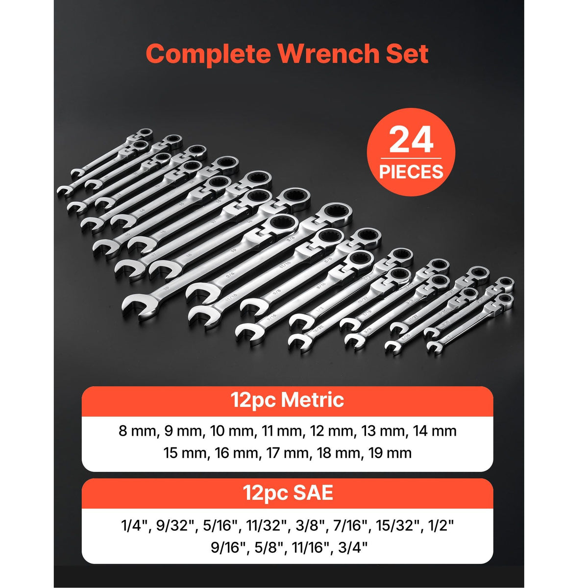 Flex-Head Ratcheting Wrench Set, 24-Piece SAE and Metric, 72 Teeth, Cr-V Steel Ratchet Flexible Combination Wrench Set with Storage Case, for General Household and Automotive Repairs, Silver