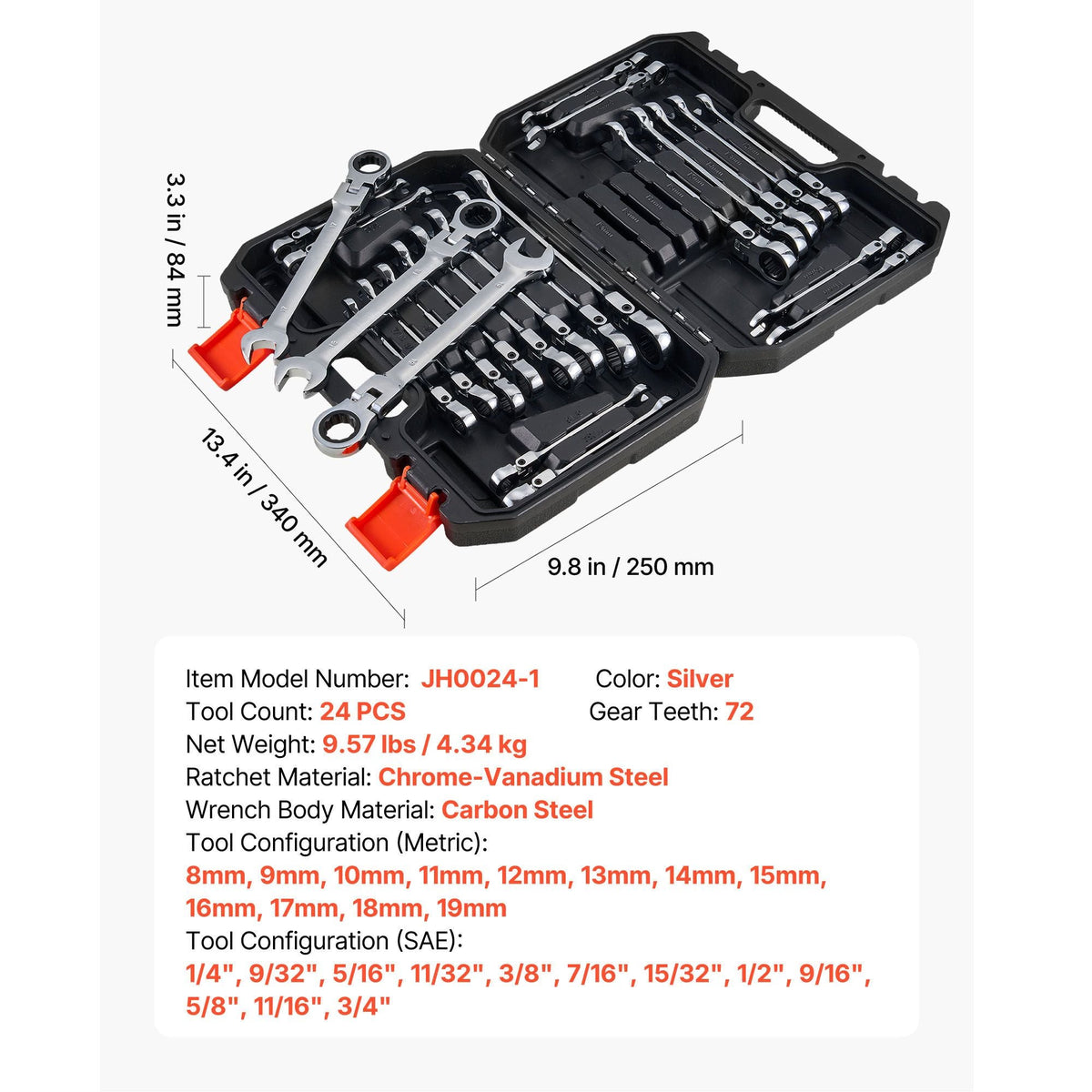 Flex-Head Ratcheting Wrench Set, 24-Piece SAE and Metric, 72 Teeth, Cr-V Steel Ratchet Flexible Combination Wrench Set with Storage Case, for General Household and Automotive Repairs, Silver
