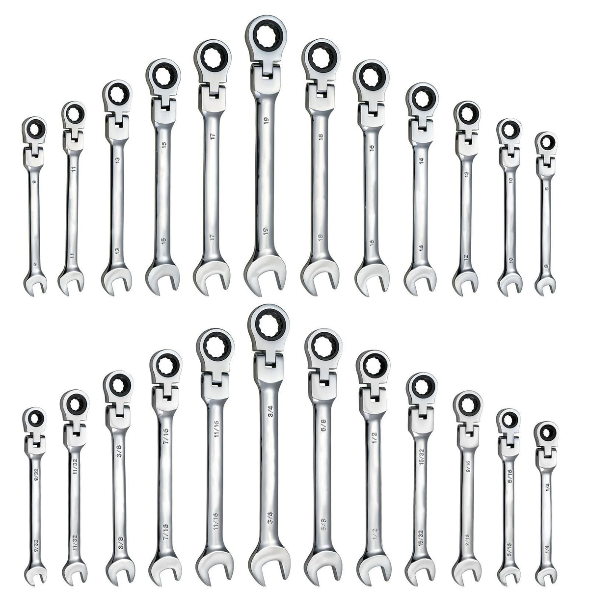 Flex-Head Ratcheting Wrench Set, 24-Piece SAE and Metric, 72 Teeth, Cr-V Steel Ratchet Flexible Combination Wrench Set with Storage Case, for General Household and Automotive Repairs, Silver