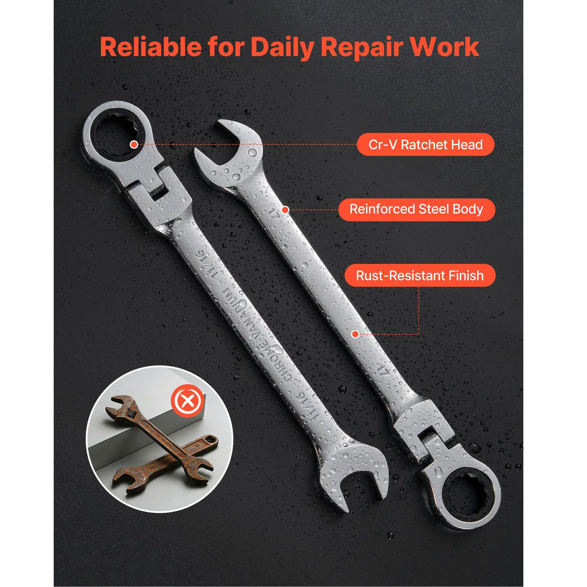 Flex-Head Ratcheting Wrench Set, 24-Piece SAE and Metric, 72 Teeth, Cr-V Steel Ratchet Flexible Combination Wrench Set with Storage Case, for General Household and Automotive Repairs, Silver