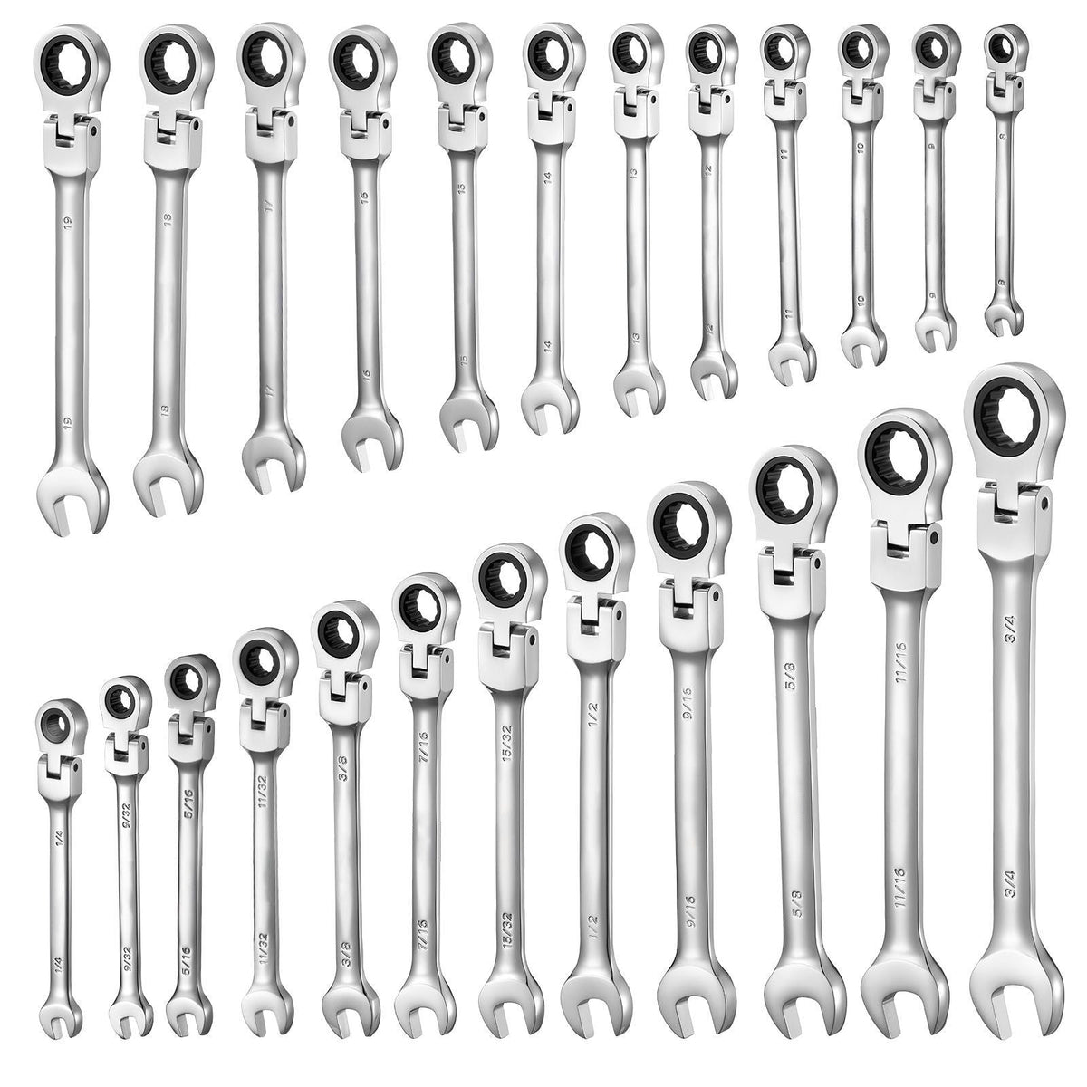 Flex-Head Ratcheting Wrench Set, 24-Piece SAE and Metric, 72 Teeth, Cr-V Steel Ratchet Flexible Combination Wrench Set with Storage Case, for General Household and Automotive Repairs, Silver
