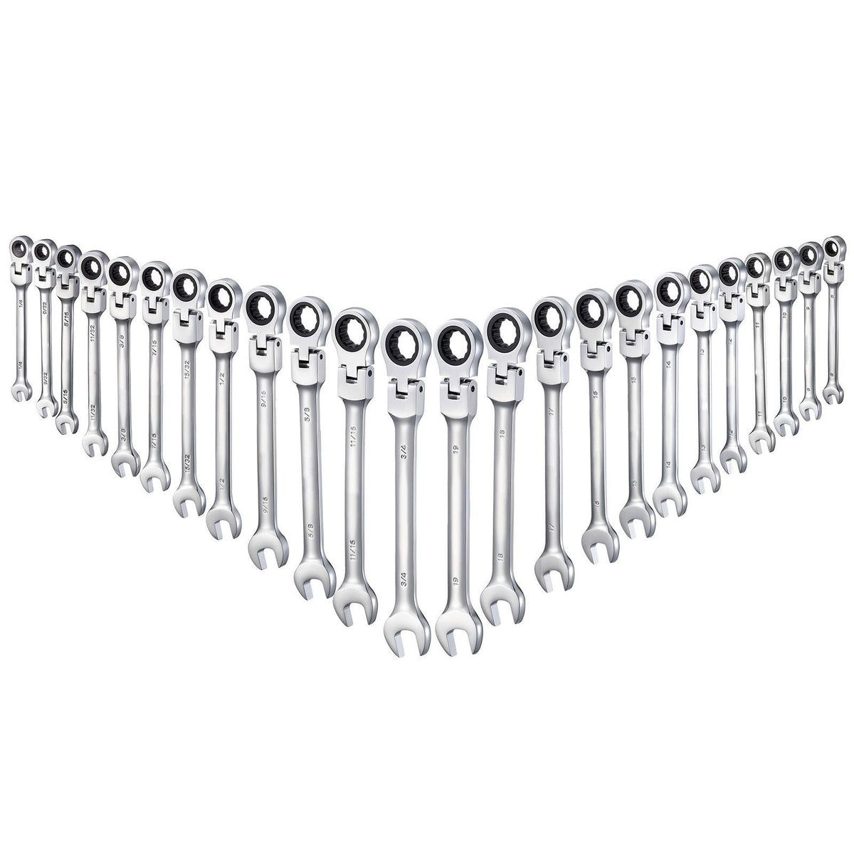 Flex-Head Ratcheting Wrench Set, 24-Piece SAE and Metric, 72 Teeth, Cr-V Steel Ratchet Flexible Combination Wrench Set with Storage Case, for General Household and Automotive Repairs, Silver