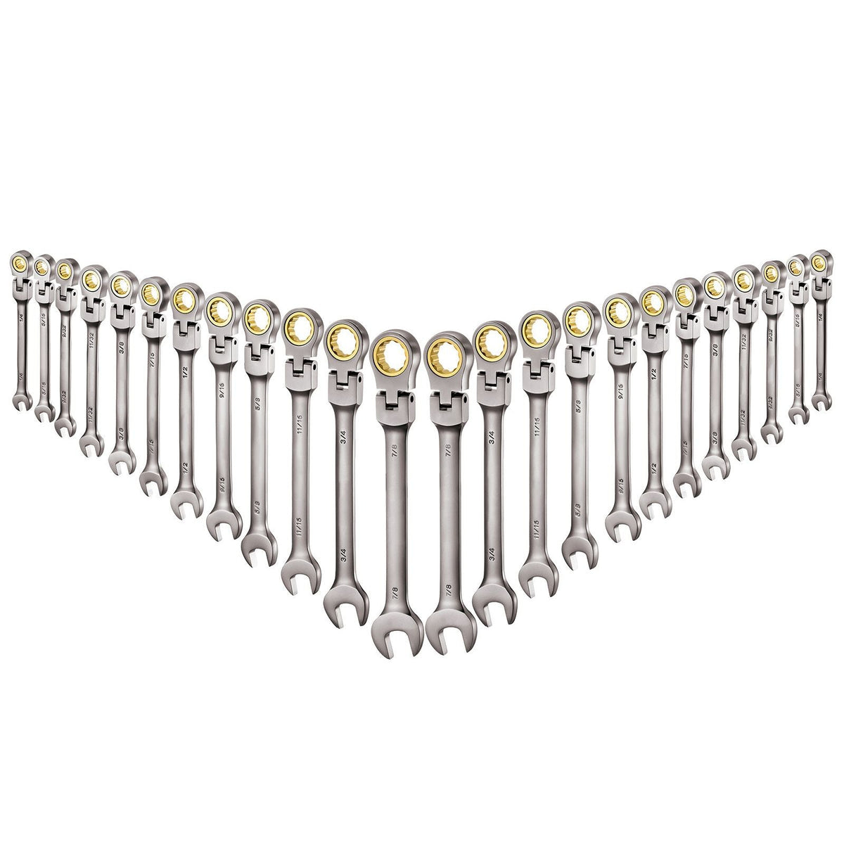 Flex-Head Ratcheting Wrench Set, 24-Piece SAE and Metric, 72 Teeth, Cr-V Steel Ratchet Flexible Combination Wrench Set with Storage Case, for General Household, Automotive Repairs, Gray Nickel