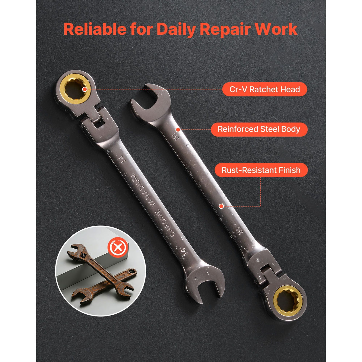 Flex-Head Ratcheting Wrench Set, 24-Piece SAE and Metric, 72 Teeth, Cr-V Steel Ratchet Flexible Combination Wrench Set with Storage Case, for General Household, Automotive Repairs, Gray Nickel
