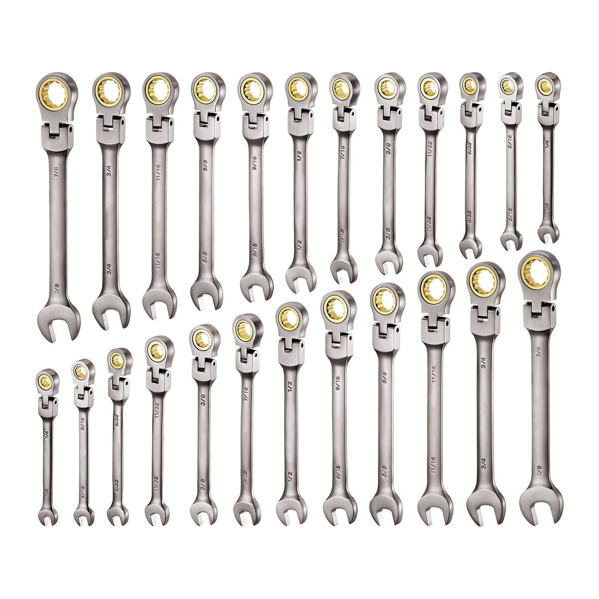 Flex-Head Ratcheting Wrench Set, 24-Piece SAE and Metric, 72 Teeth, Cr-V Steel Ratchet Flexible Combination Wrench Set with Storage Case, for General Household, Automotive Repairs, Gray Nickel