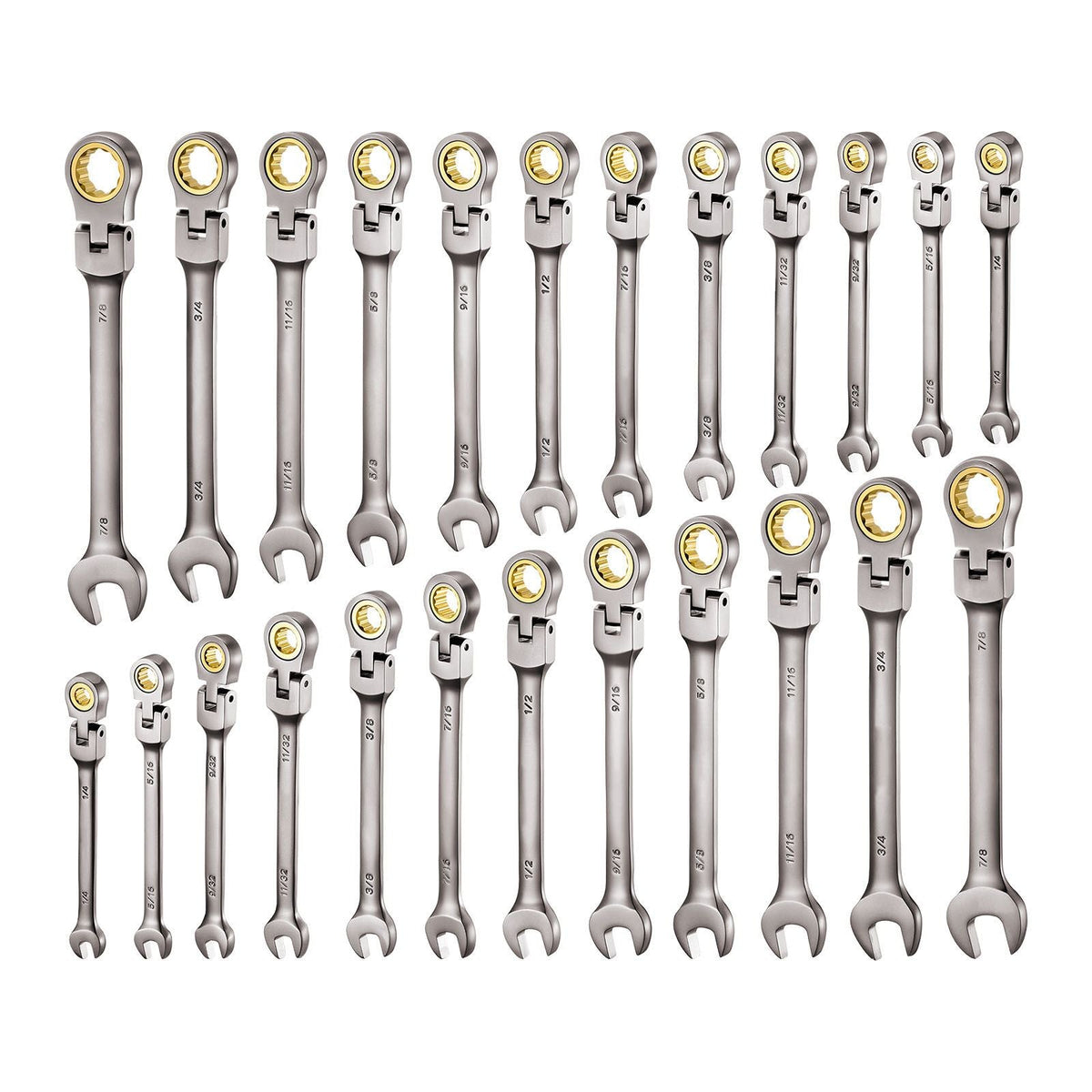 Flex-Head Ratcheting Wrench Set, 24-Piece SAE and Metric, 72 Teeth, Cr-V Steel Ratchet Flexible Combination Wrench Set with Storage Case, for General Household, Automotive Repairs, Gray Nickel