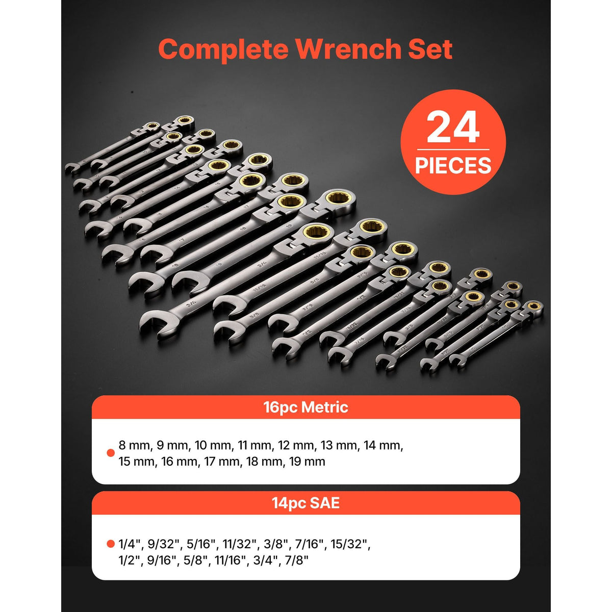 Flex-Head Ratcheting Wrench Set, 24-Piece SAE and Metric, 72 Teeth, Cr-V Steel Ratchet Flexible Combination Wrench Set with Storage Case, for General Household, Automotive Repairs, Gray Nickel