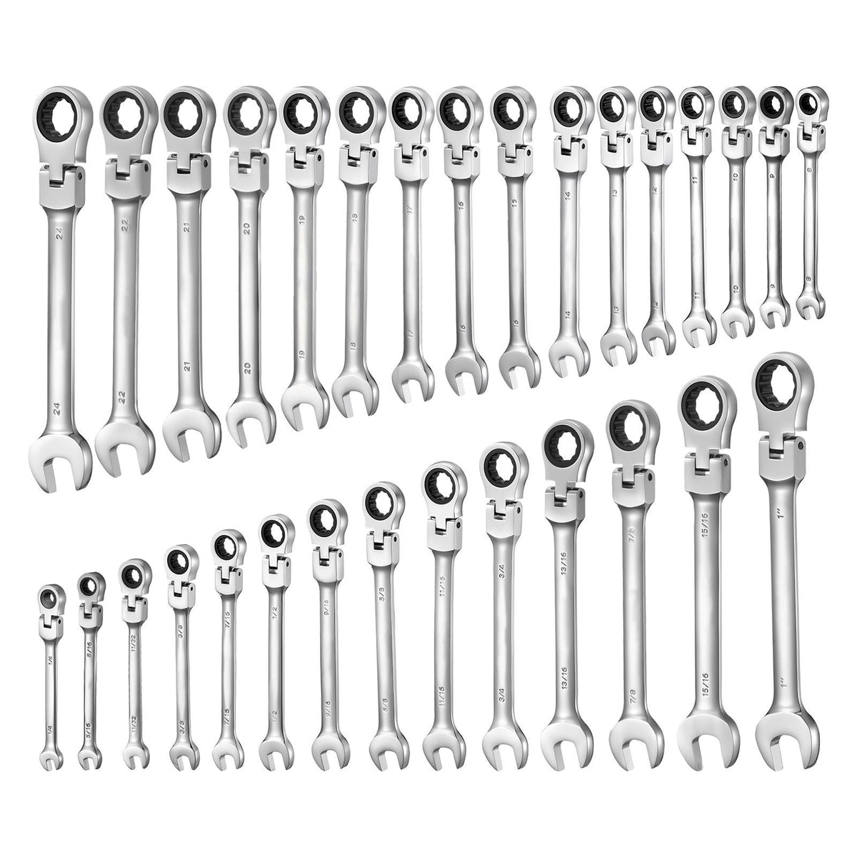 Flex-Head Ratcheting Wrench Set, 30-Piece SAE and Metric, 72 Teeth, Cr-V Steel Ratchet Flexible Combination Wrench Set with Roll Up Pouch, for General Household and Automotive Repairs, Silver