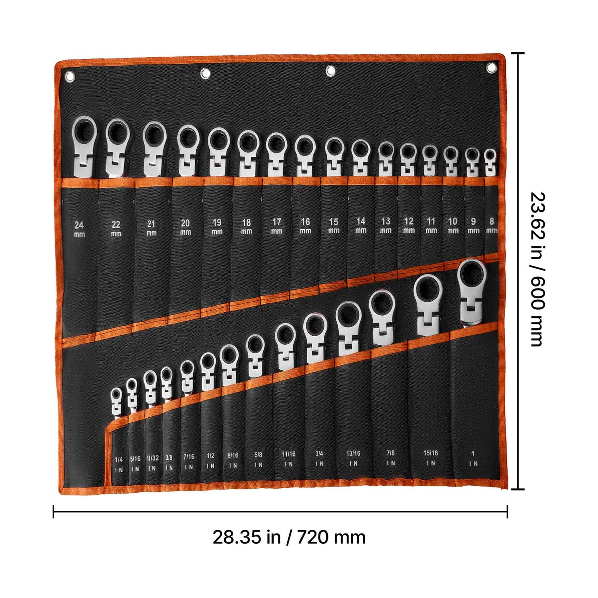 Flex-Head Ratcheting Wrench Set, 30-Piece SAE and Metric, 72 Teeth, Cr-V Steel Ratchet Flexible Combination Wrench Set with Roll Up Pouch, for General Household and Automotive Repairs, Silver
