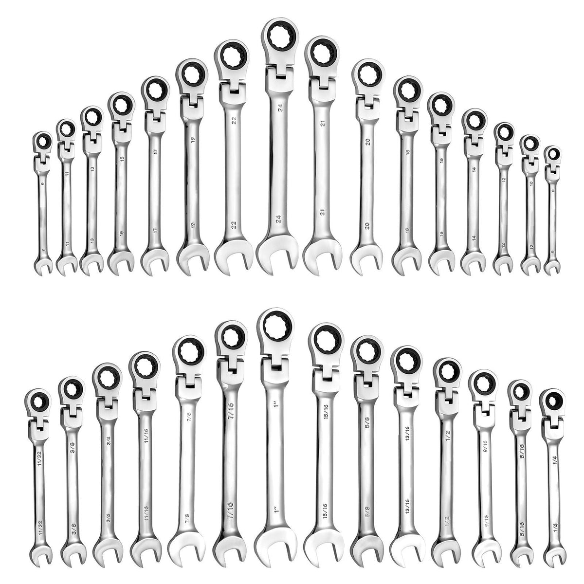 Flex-Head Ratcheting Wrench Set, 30-Piece SAE and Metric, 72 Teeth, Cr-V Steel Ratchet Flexible Combination Wrench Set with Roll Up Pouch, for General Household and Automotive Repairs, Silver