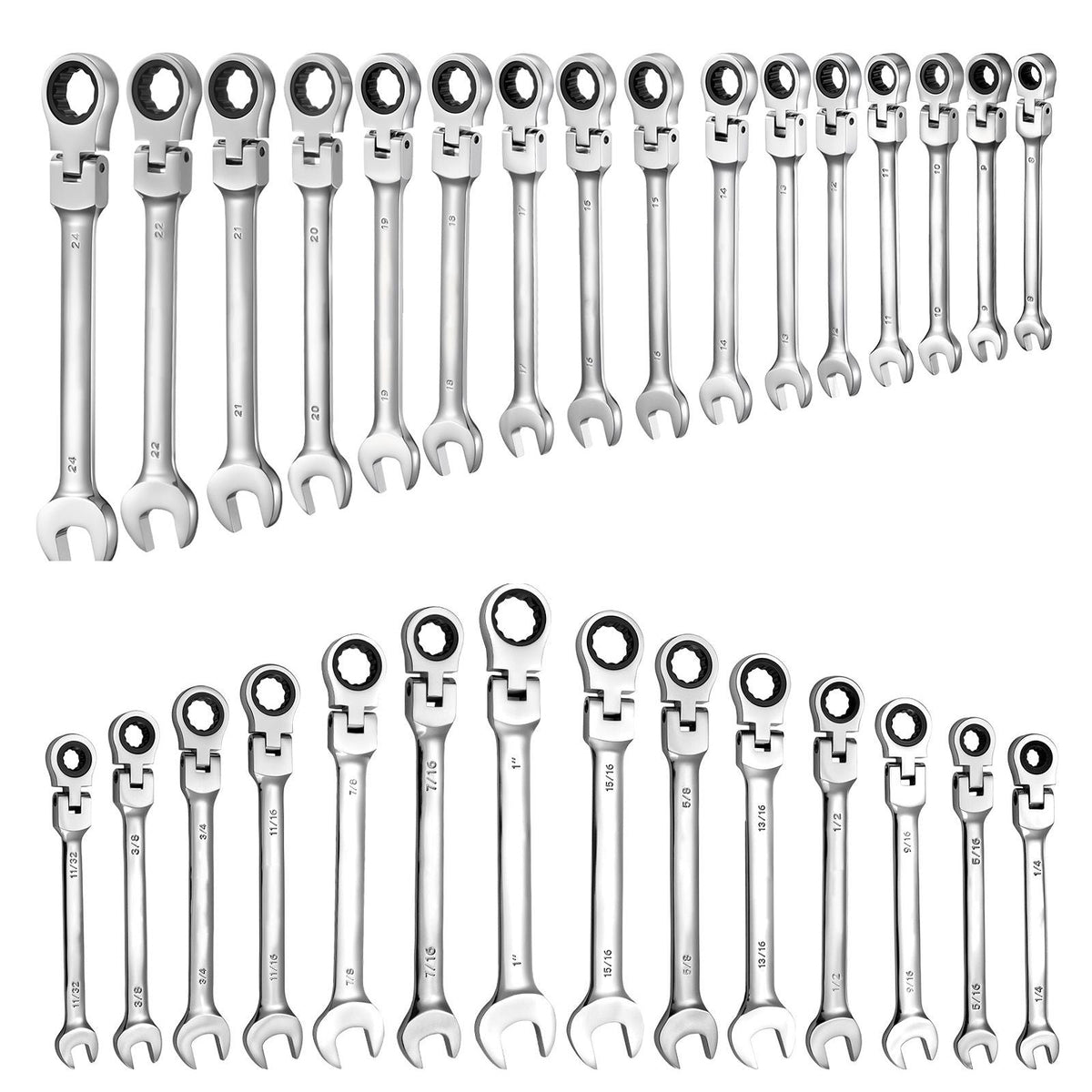 Flex-Head Ratcheting Wrench Set, 30-Piece SAE and Metric, 72 Teeth, Cr-V Steel Ratchet Flexible Combination Wrench Set with Roll Up Pouch, for General Household and Automotive Repairs, Silver