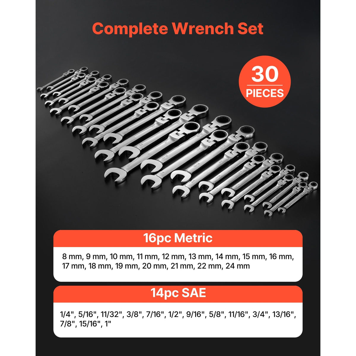 Flex-Head Ratcheting Wrench Set, 30-Piece SAE and Metric, 72 Teeth, Cr-V Steel Ratchet Flexible Combination Wrench Set with Roll Up Pouch, for General Household and Automotive Repairs, Silver