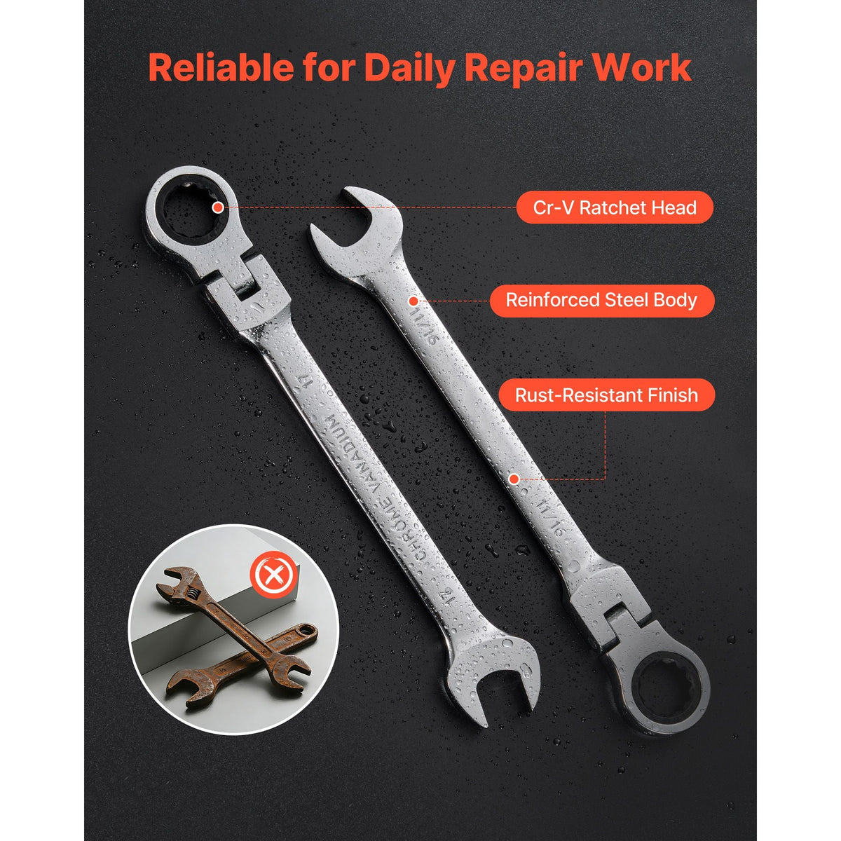 Flex-Head Ratcheting Wrench Set, 30-Piece SAE and Metric, 72 Teeth, Cr-V Steel Ratchet Flexible Combination Wrench Set with Roll Up Pouch, for General Household and Automotive Repairs, Silver
