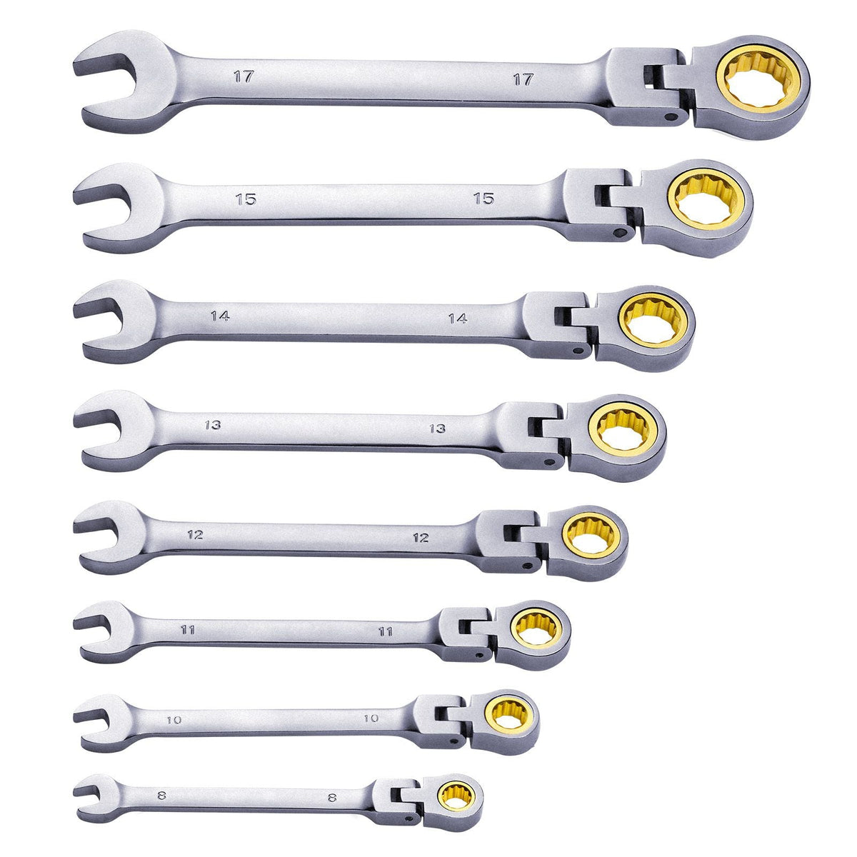 Flex-Head Ratcheting Wrench Set, 8-piece Combination Wrench Set with Roll-up Pouch, Cr-V Steel Flexible Ratcheting Wrench Set Metric 8 mm to 17 mm, Ideal for General Household, Auto Repairs