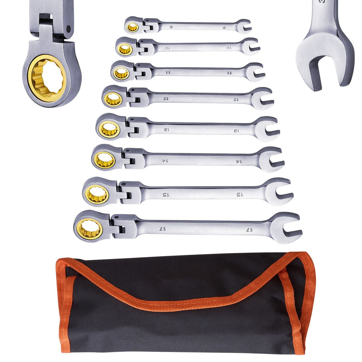 Flex-Head Ratcheting Wrench Set, 8-piece Combination Wrench Set with Roll-up Pouch, Cr-V Steel Flexible Ratcheting Wrench Set Metric 8 mm to 17 mm, Ideal for General Household, Auto Repairs