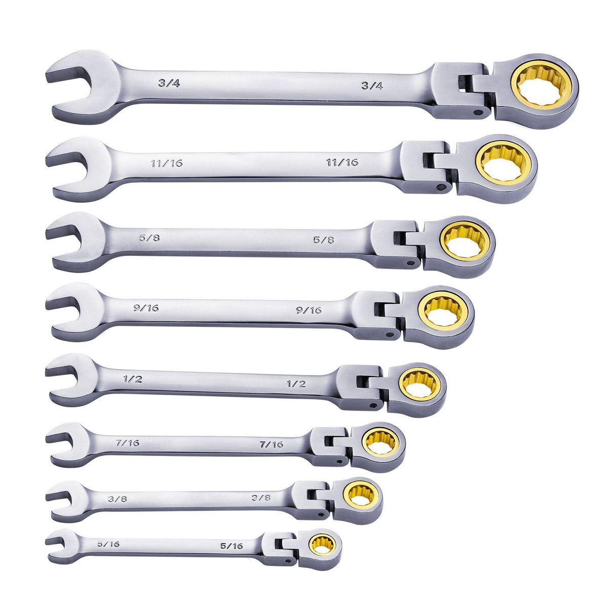 Flex-Head Ratcheting Wrench Set, 8-piece Combination Wrench Set with Roll-up Pouch, Cr-V Steel Flexible Ratcheting Wrench Set SAE 5/16" to 3/4", Ideal for General Household, Workshop, Garage