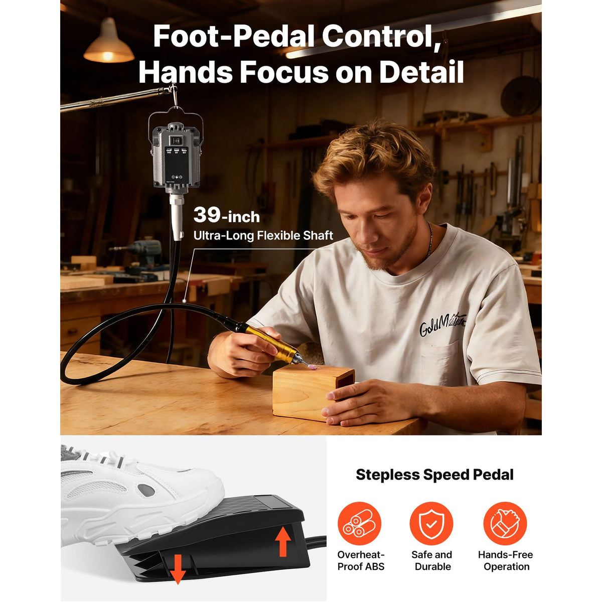 Flex Shaft Grinder, 1200W 30000RPM Electric Flex Shaft Rotary Tool, Foot-Pedal Control Hanging Carver Grinder with 112PCS Accessory Kit for Sanding Buffing Polishing Cutting