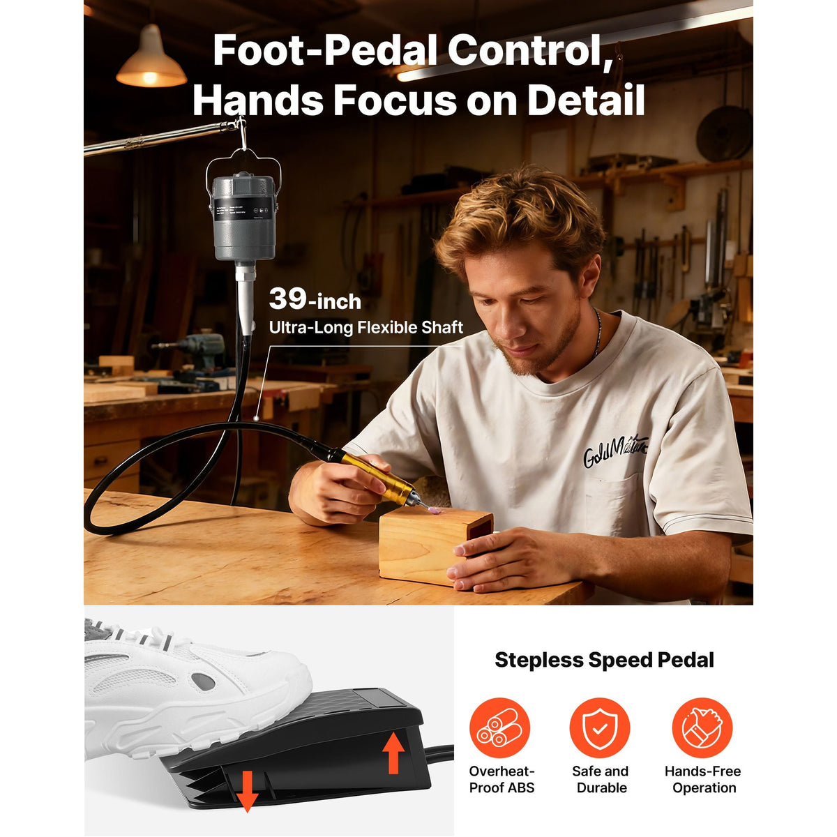 Flex Shaft Grinder, 780W 25000RPM Electric Flex Shaft Rotary Tool, Foot-Pedal Control Hanging Carver Grinder with 112PCS Accessory Kit for Sanding Buffing Polishing Cutting
