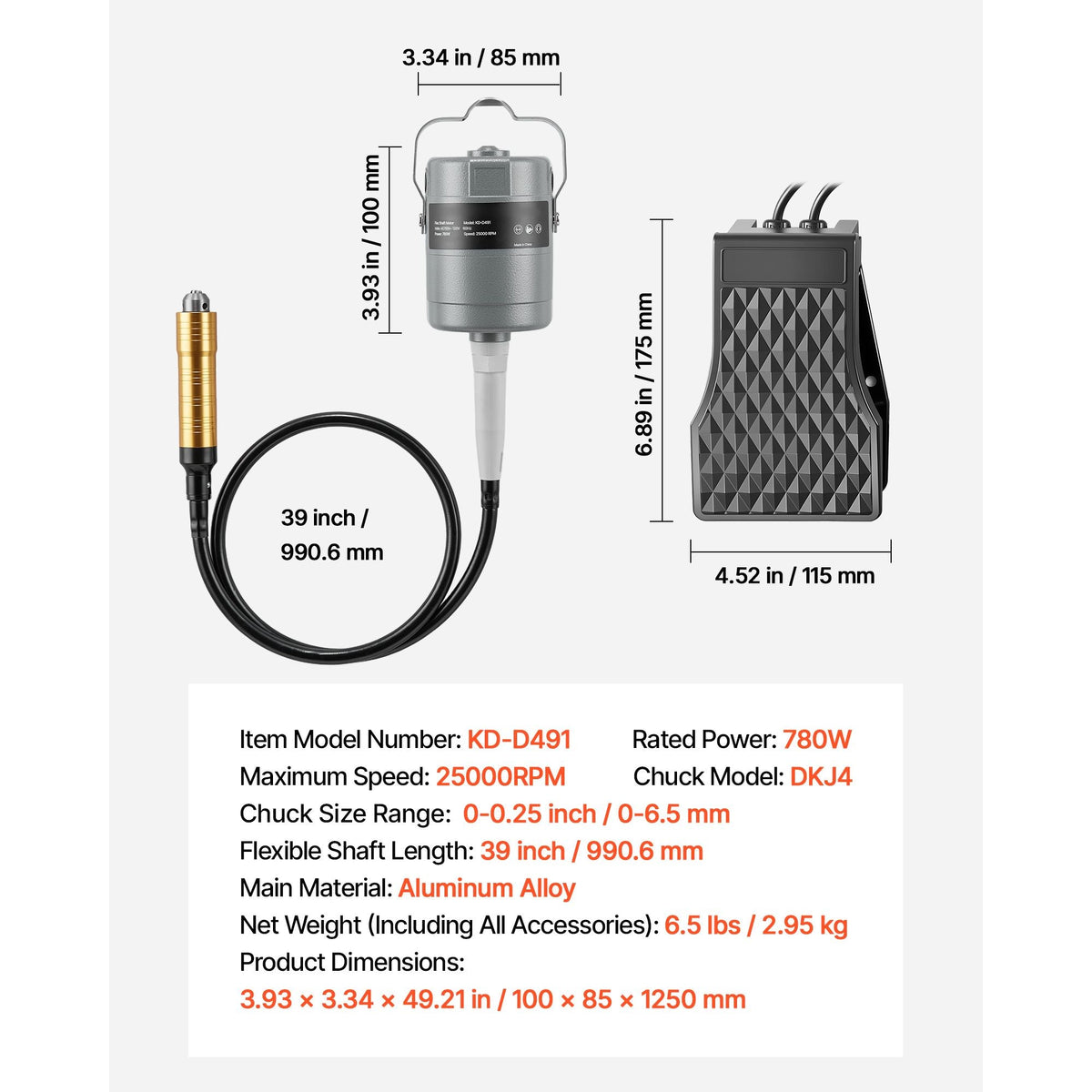 Flex Shaft Grinder, 780W 25000RPM Electric Flex Shaft Rotary Tool, Foot-Pedal Control Hanging Carver Grinder with 112PCS Accessory Kit for Sanding Buffing Polishing Cutting
