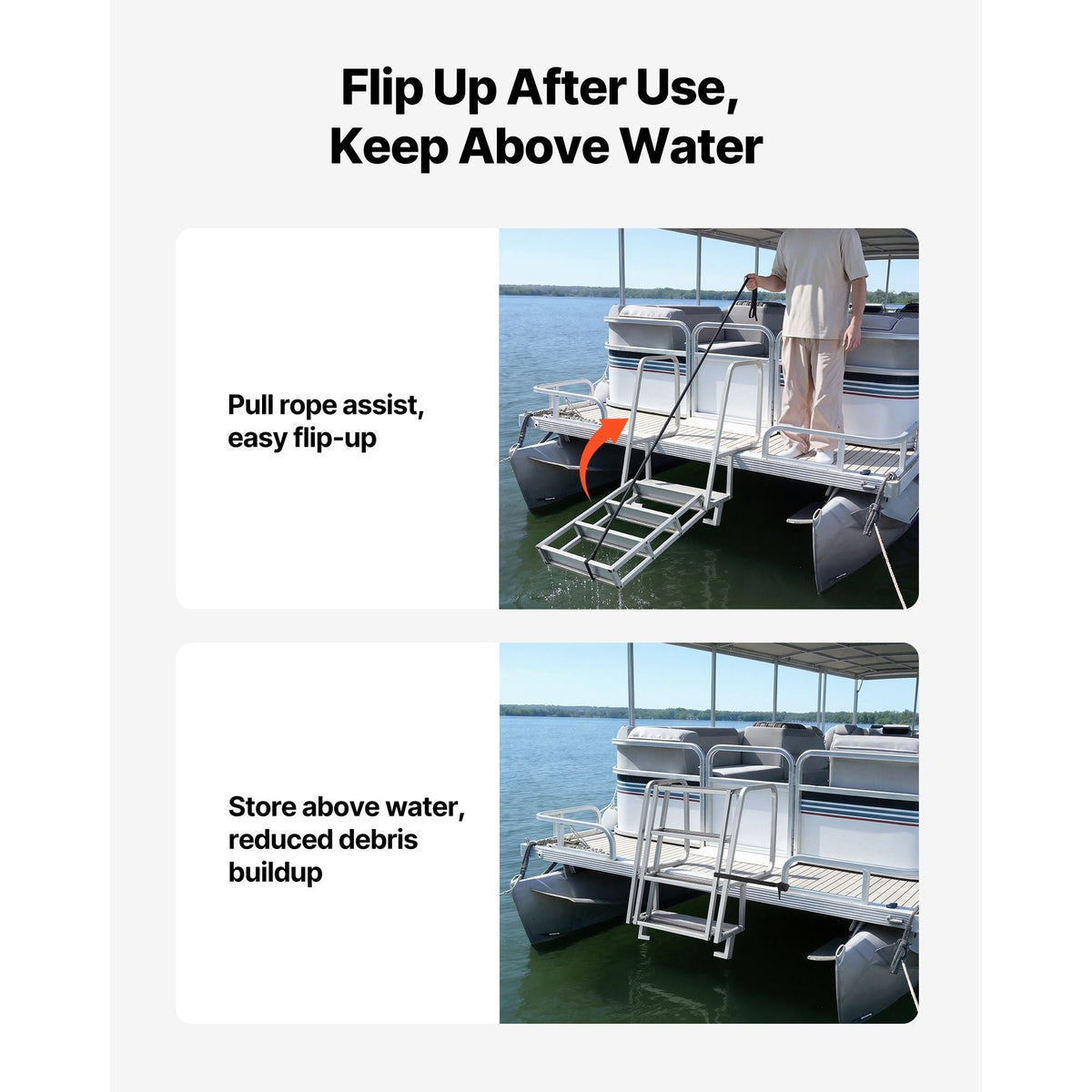 Flip-Up Dock Ladder, 4-Step, Heavy-Duty Aluminum Alloy Pontoon Boat Swim Ladder, with Non-Slip Wide Steps, 350 lbs Weight Capacity, Pull Rope Assist, Comfort Use for Lake Pool Marine Boarding
