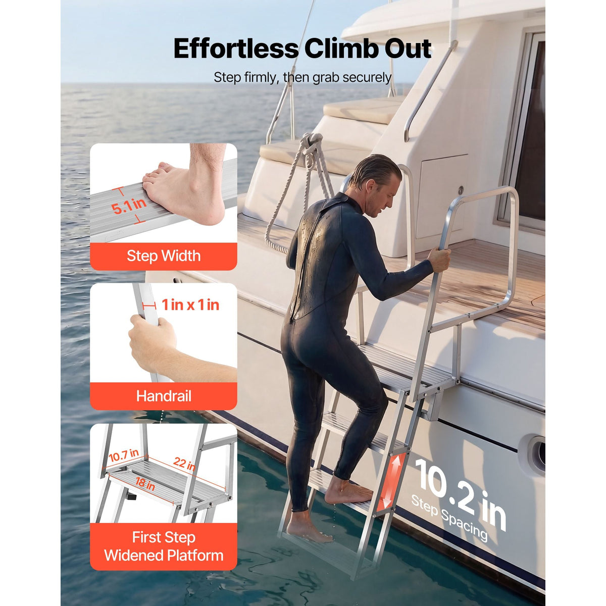 Flip-Up Dock Ladder, 4-Step, Heavy-Duty Aluminum Alloy Pontoon Boat Swim Ladder, with Non-Slip Wide Steps, 350 lbs Weight Capacity, Pull Rope Assist, Comfort Use for Lake Pool Marine Boarding