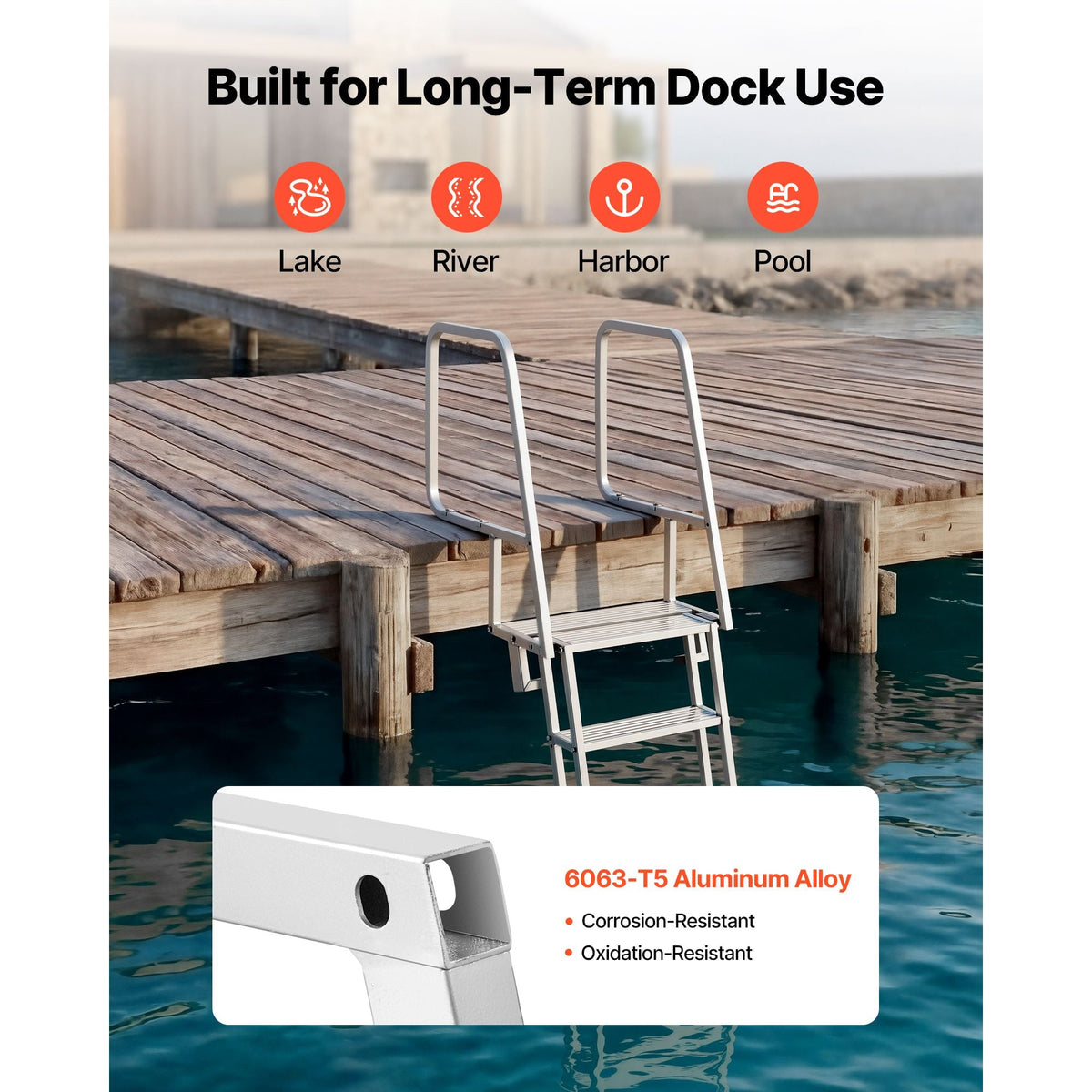 Flip-Up Dock Ladder, 4-Step, Heavy-Duty Aluminum Alloy Pontoon Boat Swim Ladder, with Non-Slip Wide Steps, 350 lbs Weight Capacity, Pull Rope Assist, Comfort Use for Lake Pool Marine Boarding