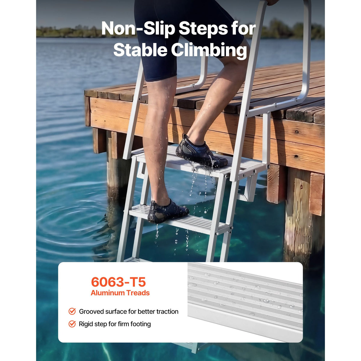 Flip-Up Dock Ladder, 4-Step, Heavy-Duty Aluminum Alloy Pontoon Boat Swim Ladder, with Non-Slip Wide Steps, 350 lbs Weight Capacity, Pull Rope Assist, Comfort Use for Lake Pool Marine Boarding