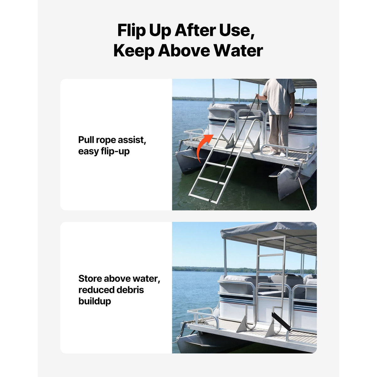 Flip-Up Dock Ladder, 4-Step, Heavy-Duty Aluminum Alloy Pontoon Boat Swim Ladder, with Non-Slip Wide Steps, 350 lbs Weight Capacity, Pull Rope Assist, for Lake Swimming, Pool, Marine Boarding