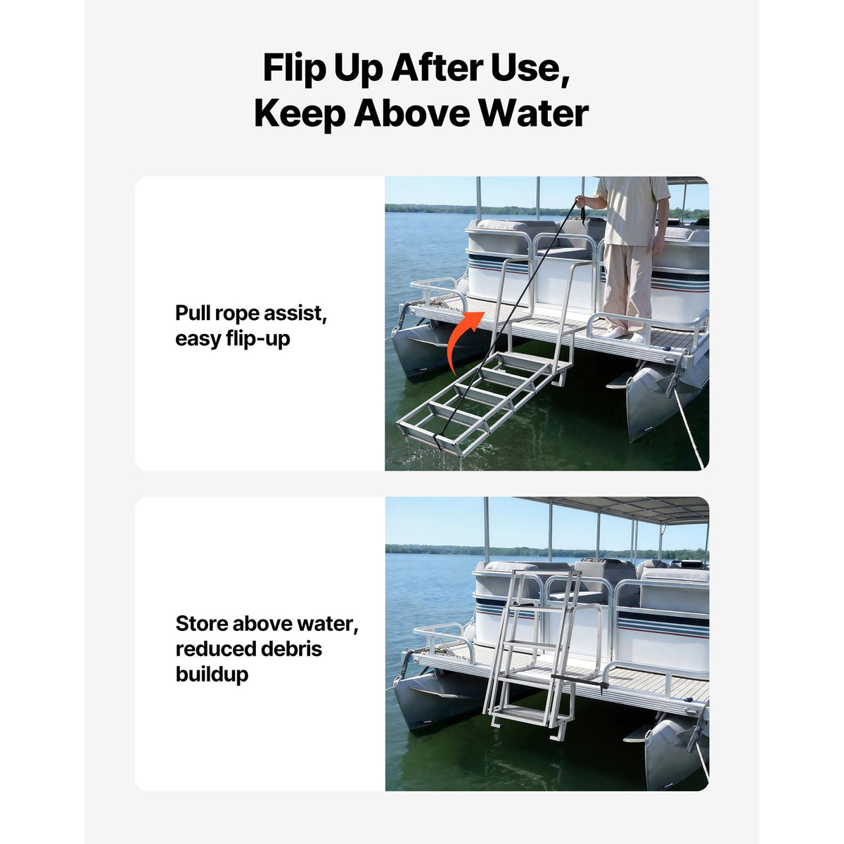 Flip-Up Dock Ladder, 5-Step, Heavy-Duty Aluminum Alloy Pontoon Boat Swim Ladder, with Non-Slip Wide Steps, 350 lbs Weight Capacity, Pull Rope Assist, Comfort Use for Lake Pool Marine Boarding