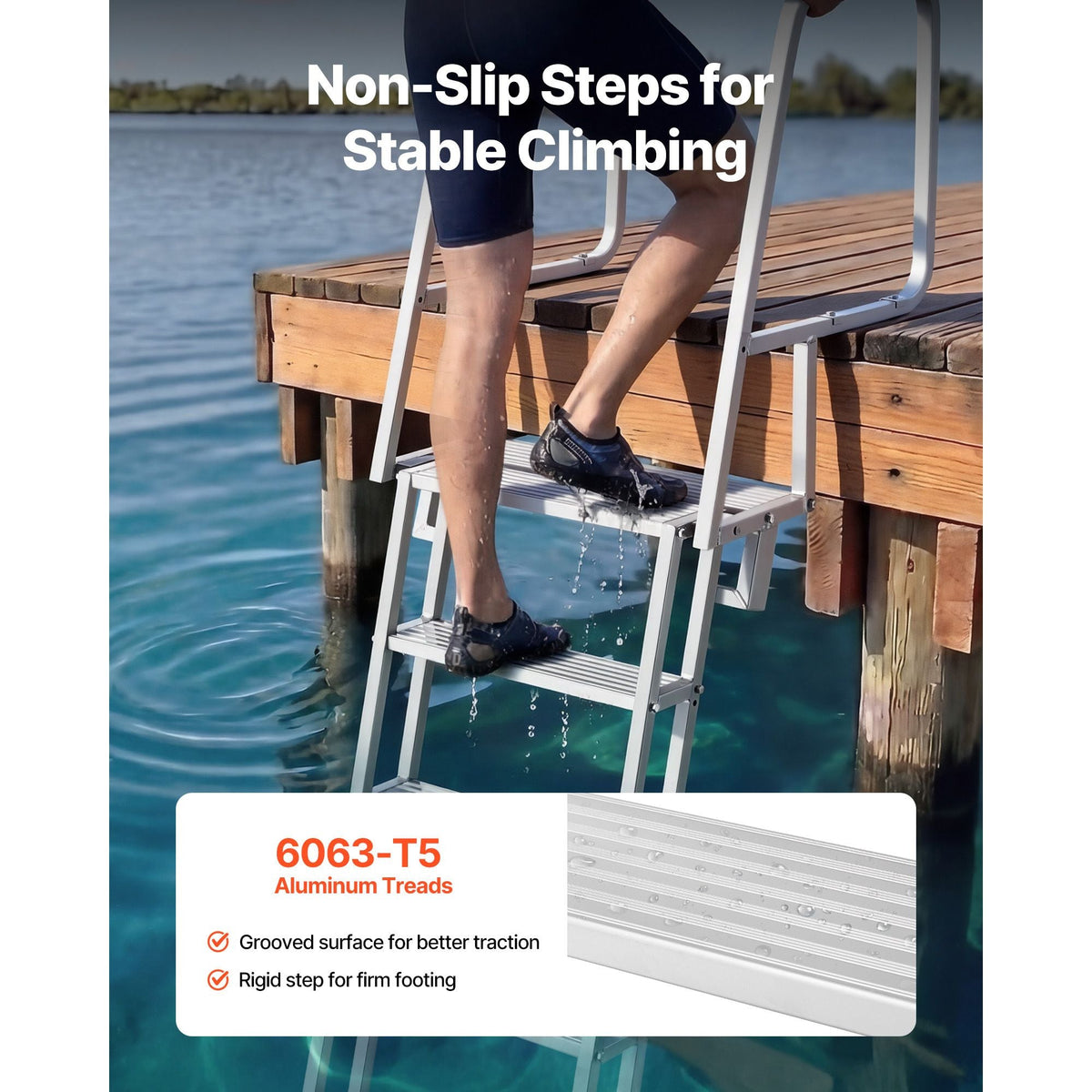 Flip-Up Dock Ladder, 5-Step, Heavy-Duty Aluminum Alloy Pontoon Boat Swim Ladder, with Non-Slip Wide Steps, 350 lbs Weight Capacity, Pull Rope Assist, Comfort Use for Lake Pool Marine Boarding