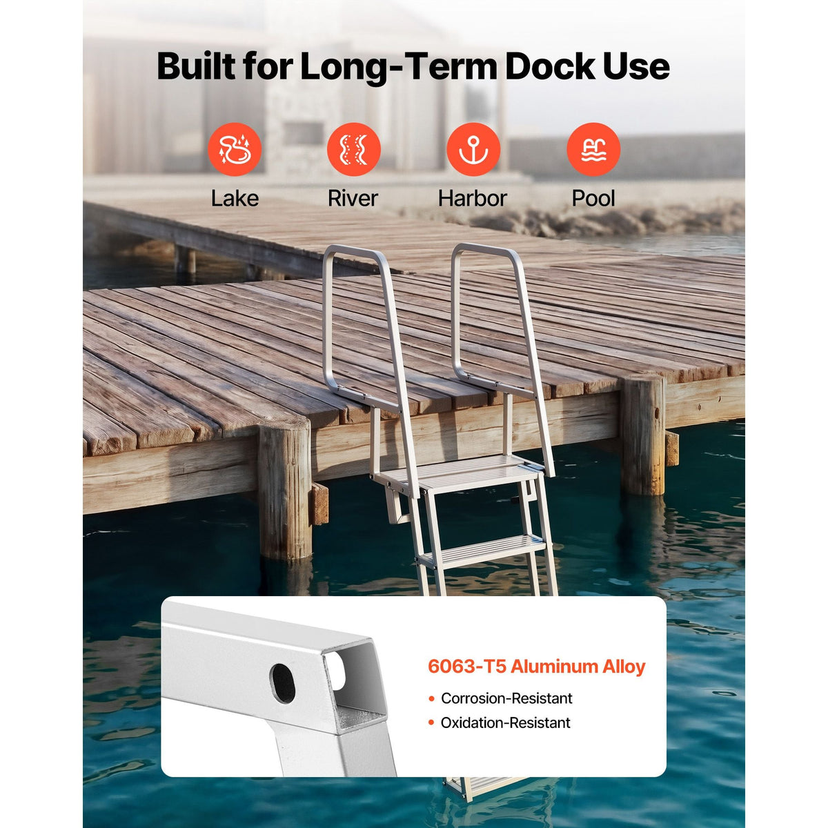 Flip-Up Dock Ladder, 5-Step, Heavy-Duty Aluminum Alloy Pontoon Boat Swim Ladder, with Non-Slip Wide Steps, 350 lbs Weight Capacity, Pull Rope Assist, Comfort Use for Lake Pool Marine Boarding