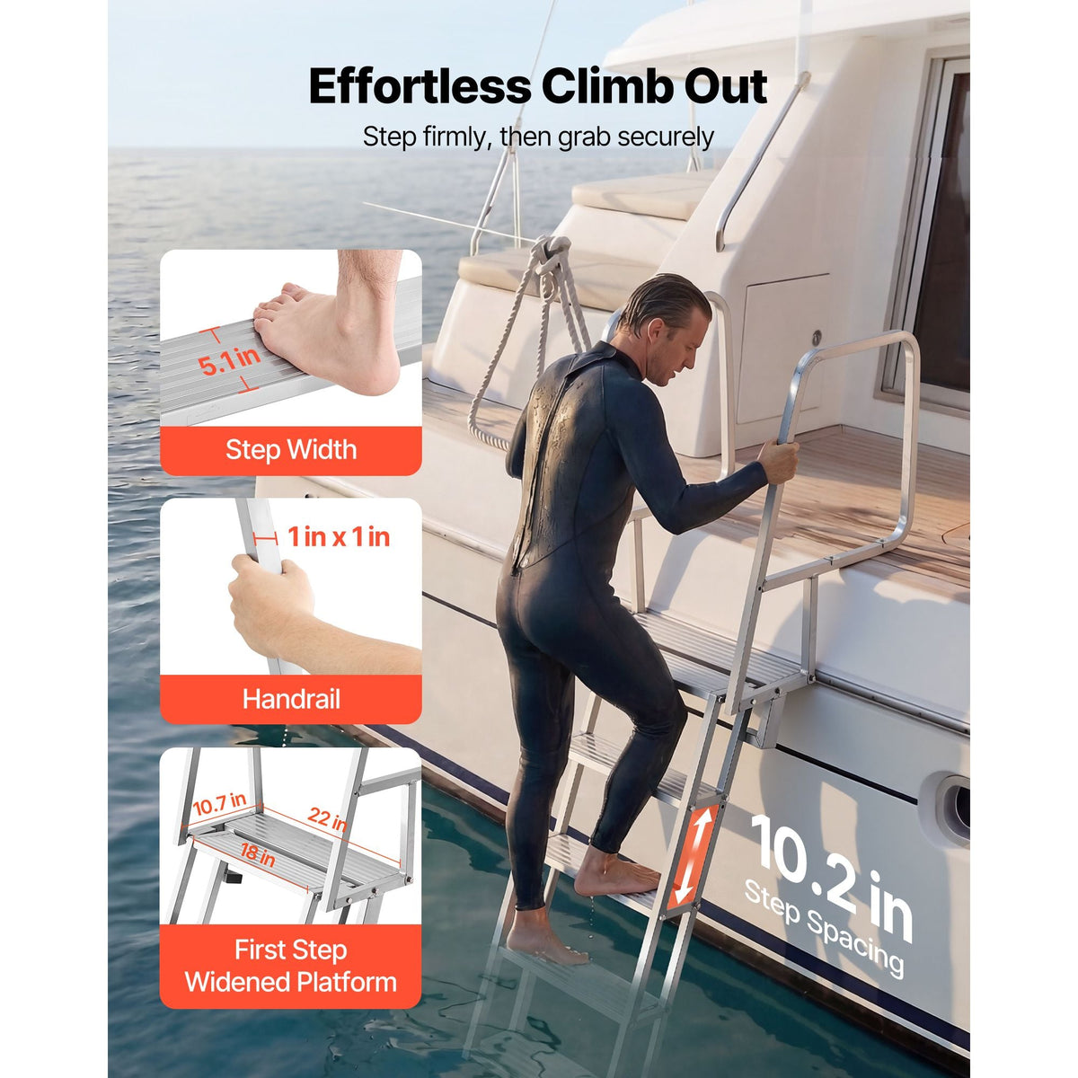 Flip-Up Dock Ladder, 5-Step, Heavy-Duty Aluminum Alloy Pontoon Boat Swim Ladder, with Non-Slip Wide Steps, 350 lbs Weight Capacity, Pull Rope Assist, Comfort Use for Lake Pool Marine Boarding
