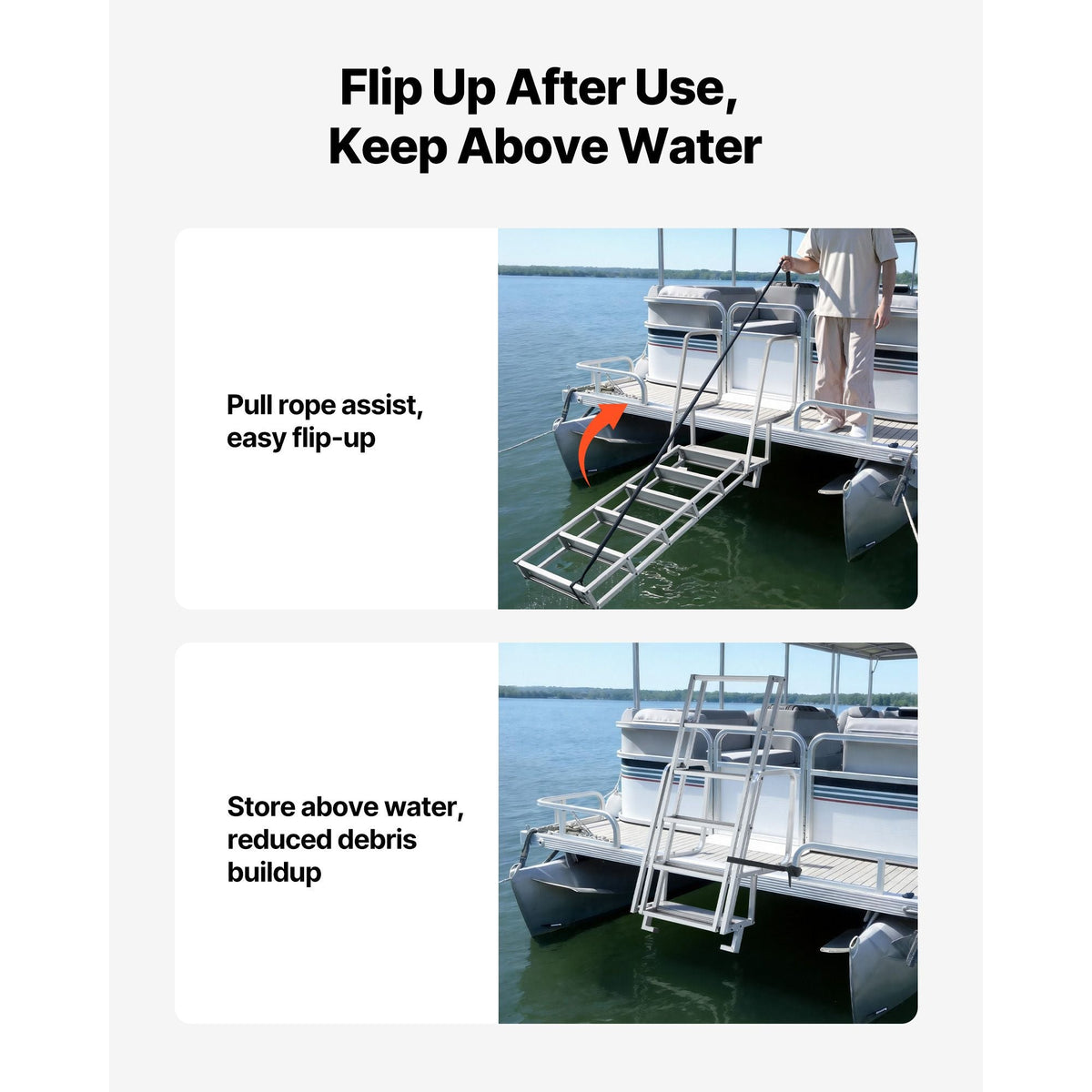 Flip-Up Dock Ladder, 6-Step, Heavy-Duty Aluminum Alloy Pontoon Boat Swim Ladder, with Non-Slip Wide Steps, 350 lbs Weight Capacity, Pull Rope Assist, Comfort Use for Lake Pool Marine Boarding