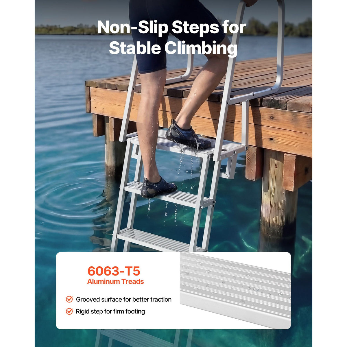 Flip-Up Dock Ladder, 6-Step, Heavy-Duty Aluminum Alloy Pontoon Boat Swim Ladder, with Non-Slip Wide Steps, 350 lbs Weight Capacity, Pull Rope Assist, Comfort Use for Lake Pool Marine Boarding